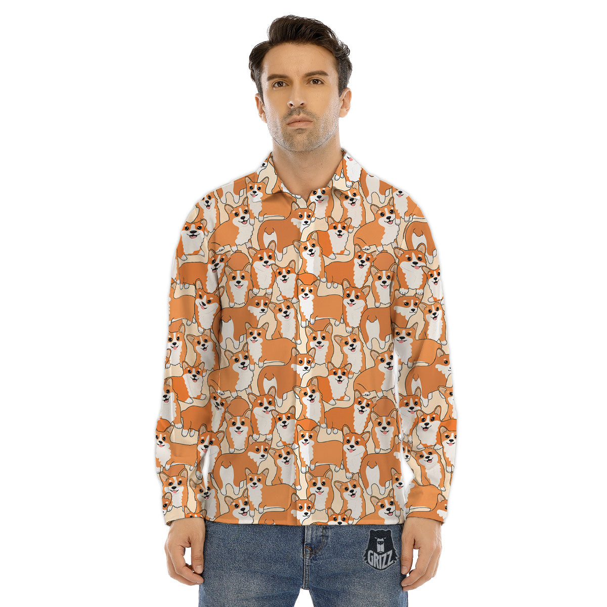 Little Corgi Print Pattern Men's Dress Shirts-grizzshop