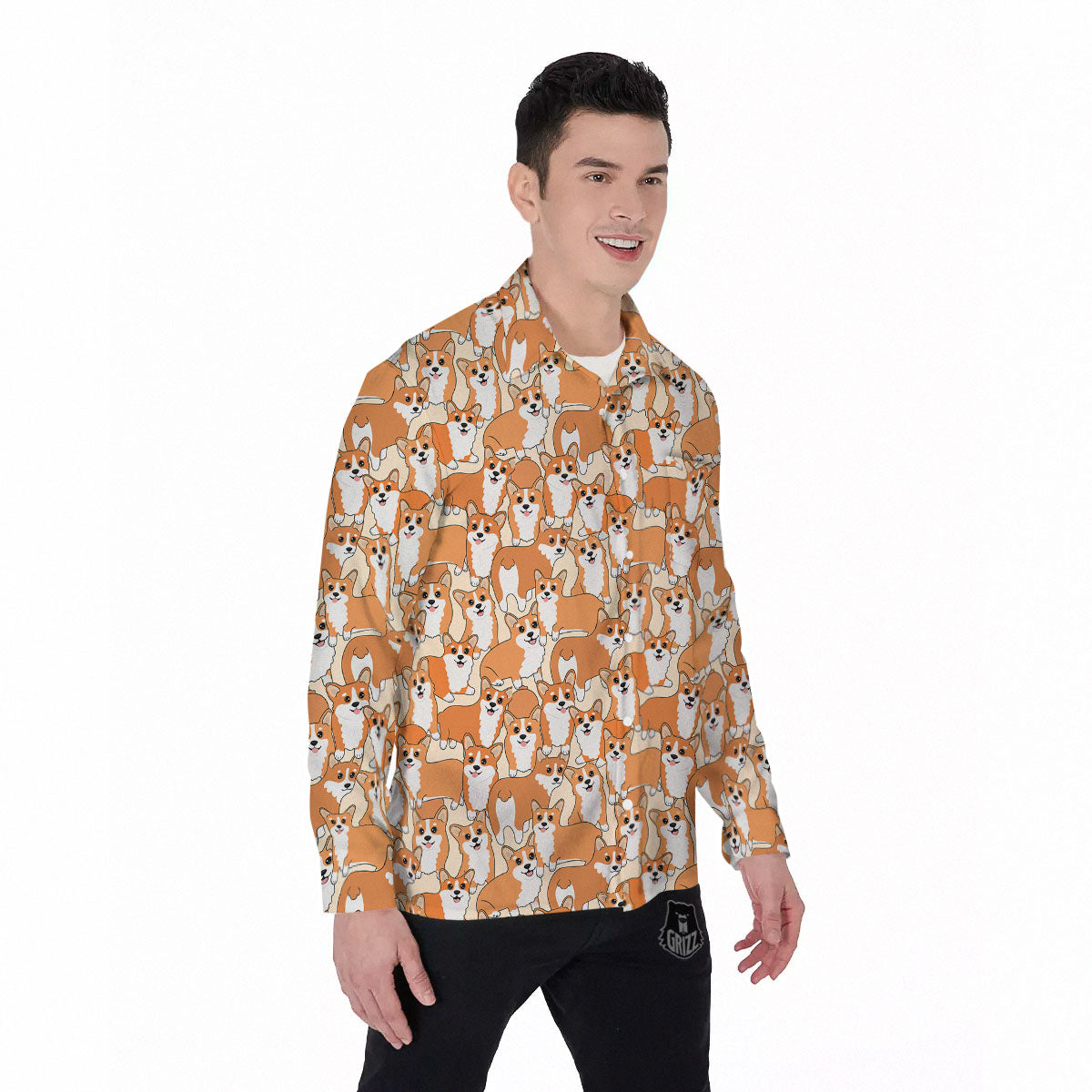 Little Corgi Print Pattern Men's Long Sleeve Shirts-grizzshop