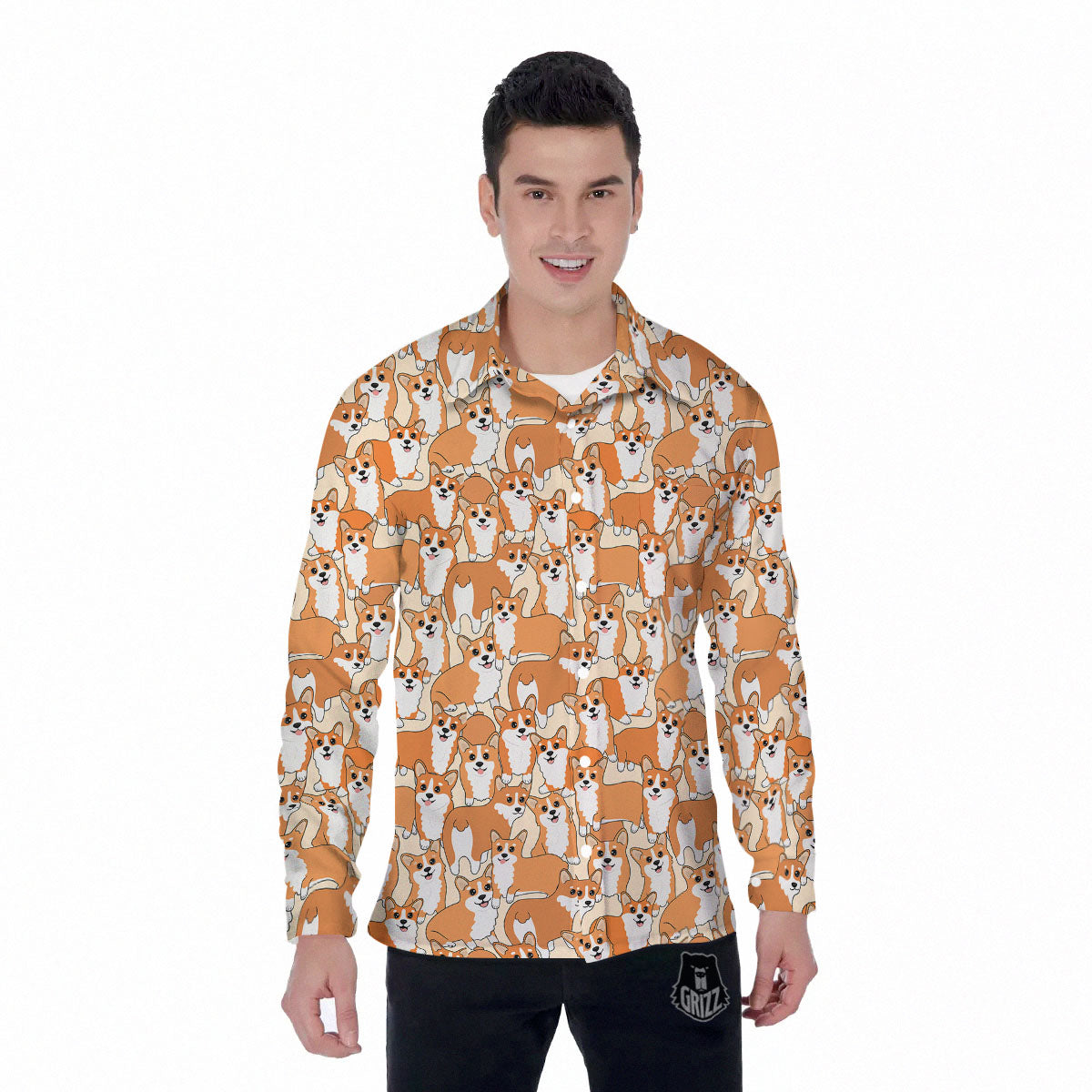 Little Corgi Print Pattern Men's Long Sleeve Shirts-grizzshop