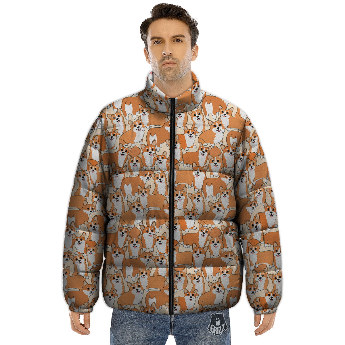 Little Corgi Print Pattern Puffer Jacket-grizzshop