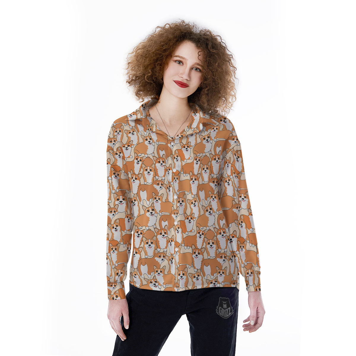 Little Corgi Print Pattern Women's Long Sleeve Shirts-grizzshop