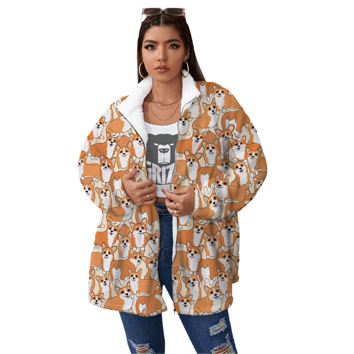 Little Corgi Print Pattern Women's Sherpa Jacket-grizzshop