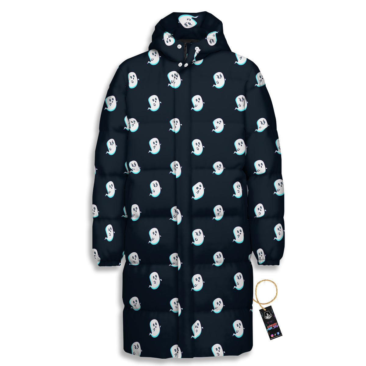 Little Ghost Cute Print Pattern Long Down Jacket-grizzshop