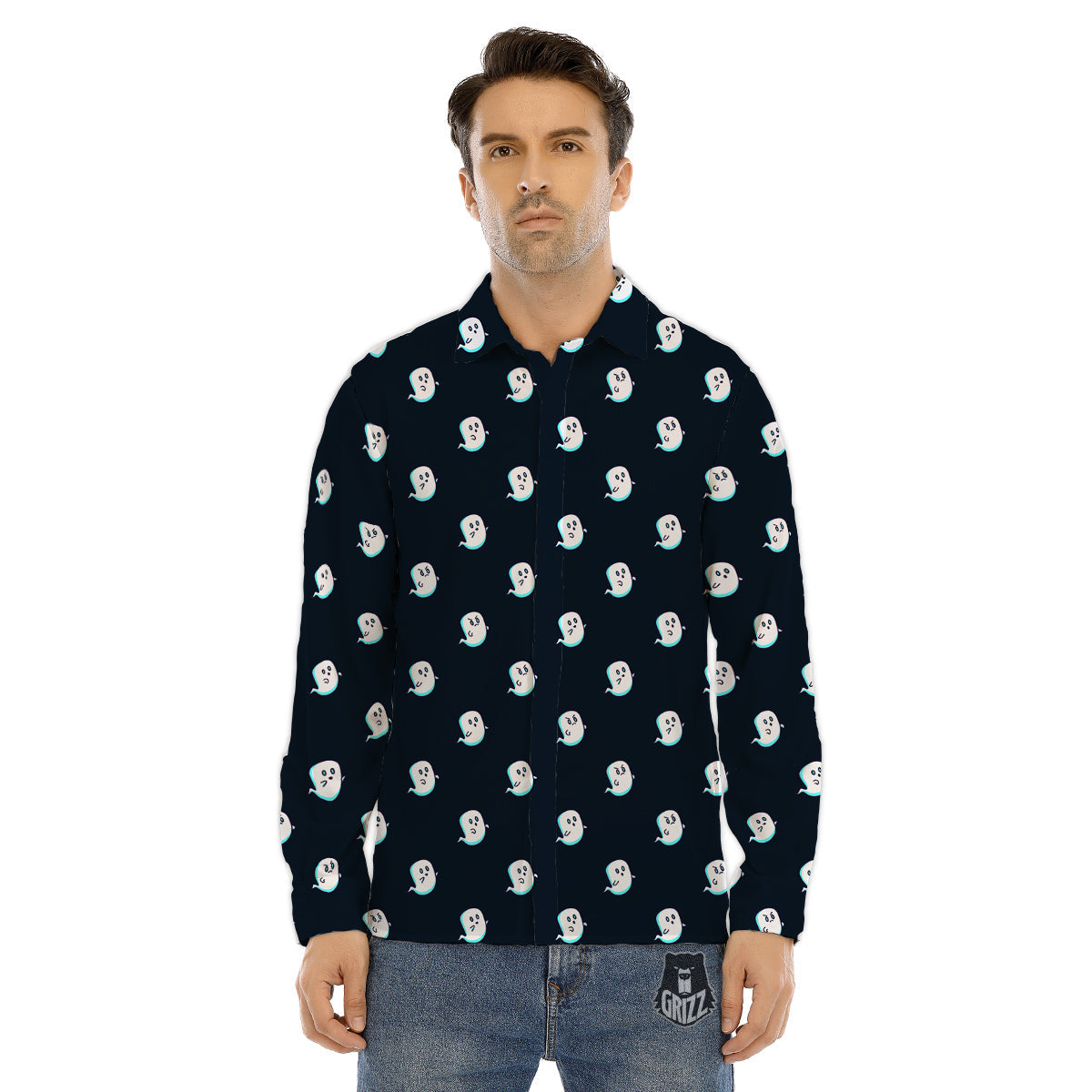 Little Ghost Cute Print Pattern Men's Dress Shirts-grizzshop