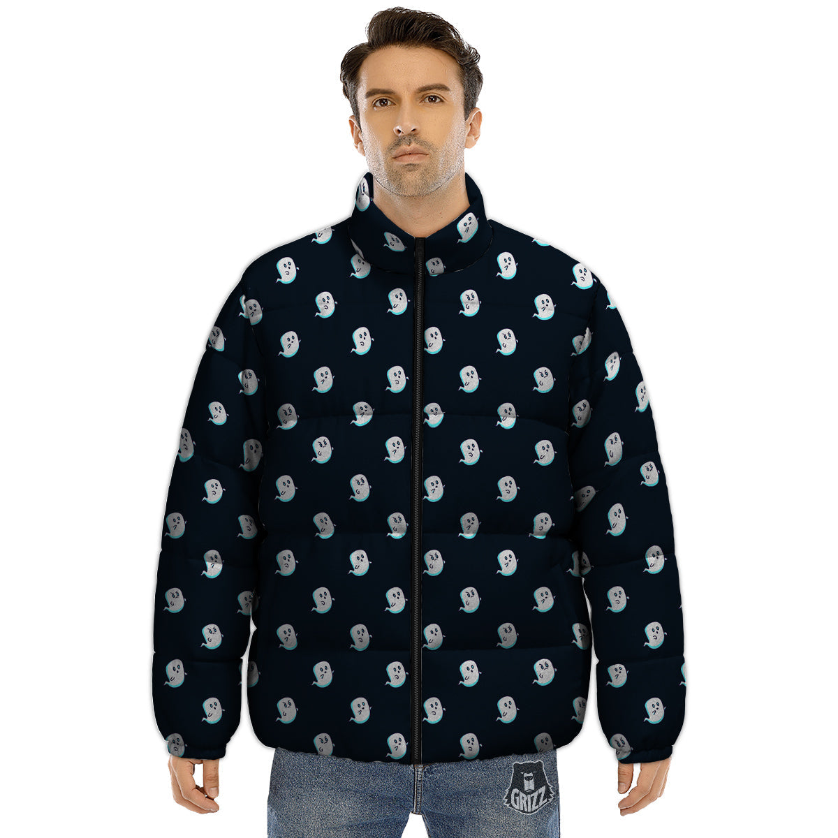 Little Ghost Cute Print Pattern Puffer Jacket-grizzshop
