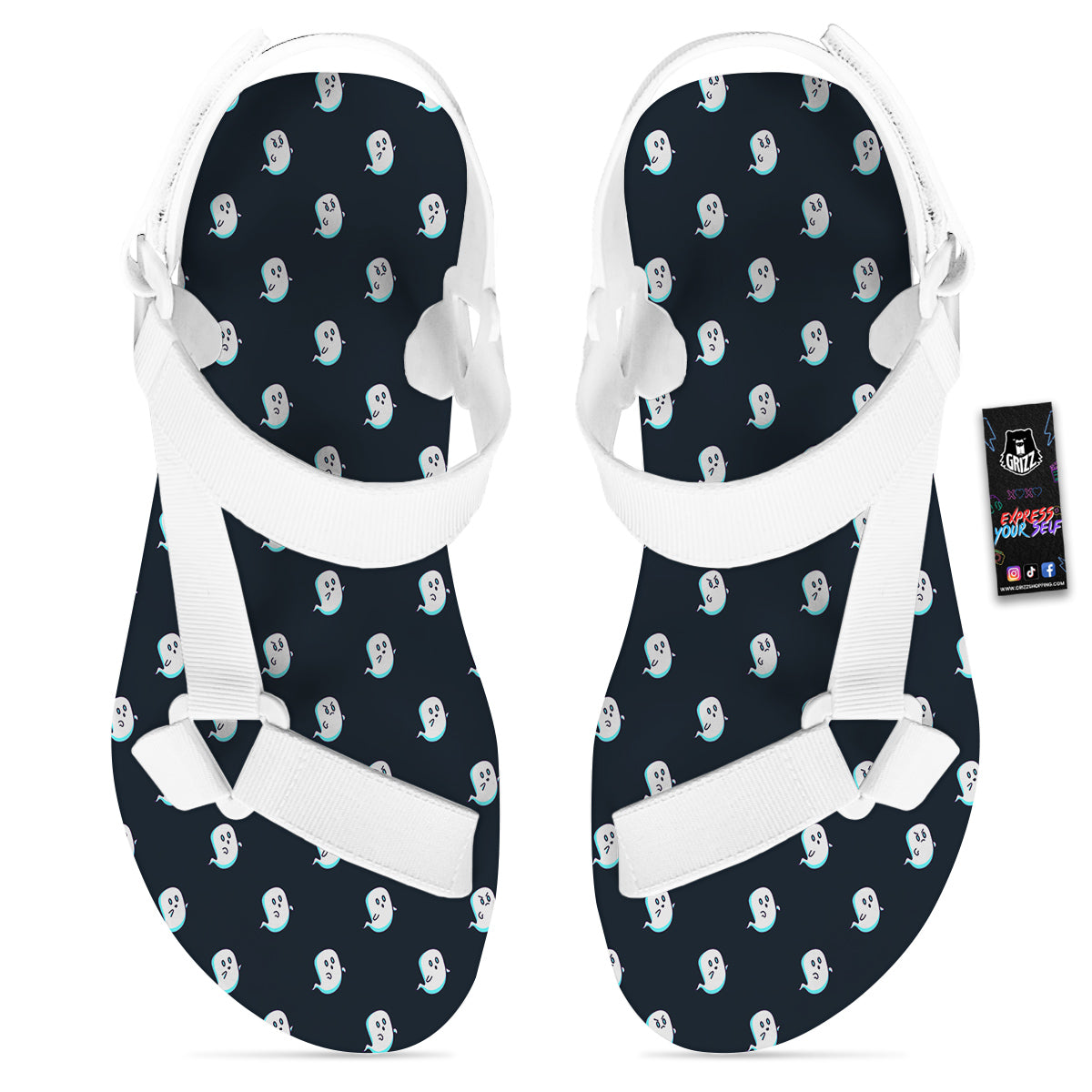 Little Ghost Cute Print Pattern White Open Toe Sandals-grizzshop