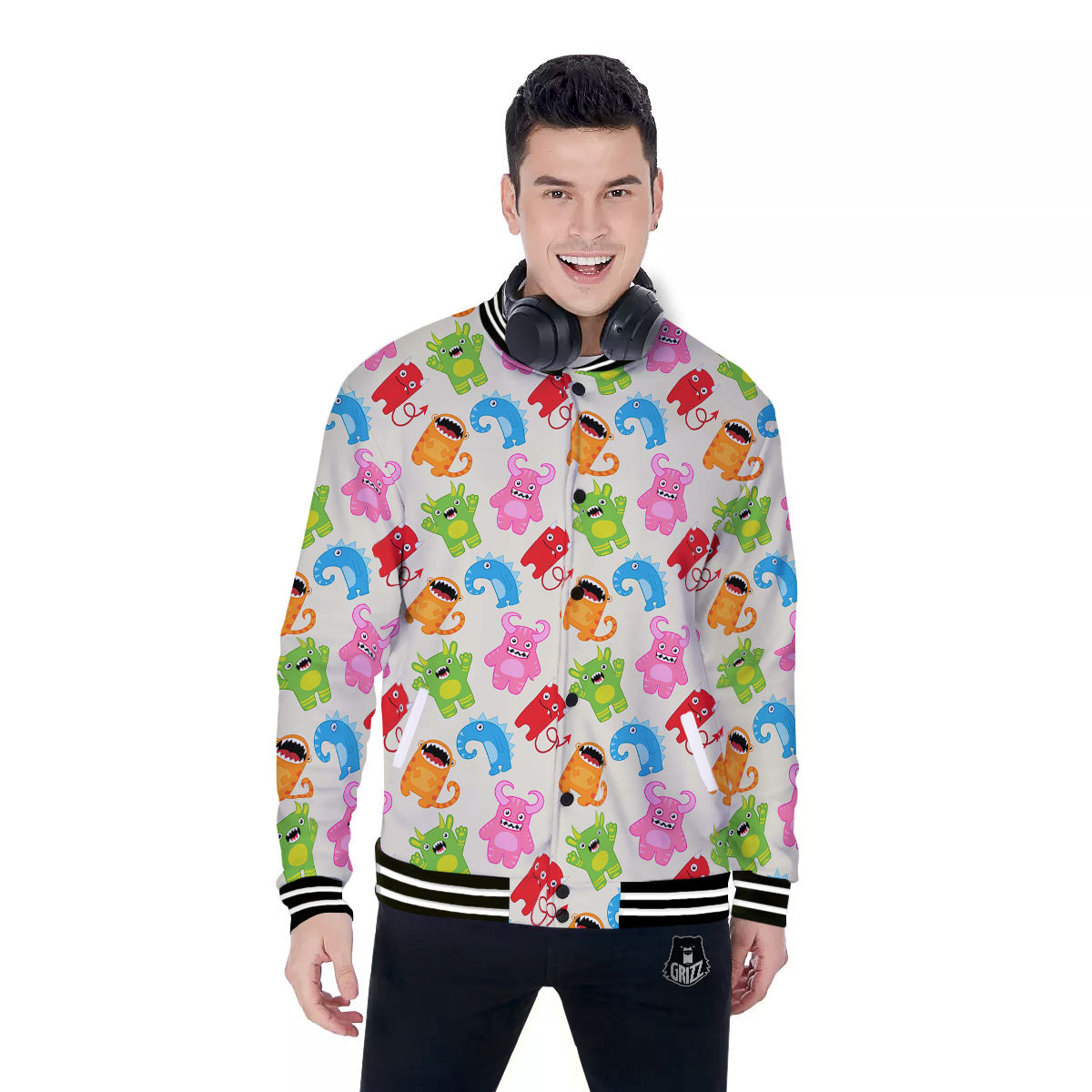 Little Monster Print Pattern Baseball Jacket-grizzshop