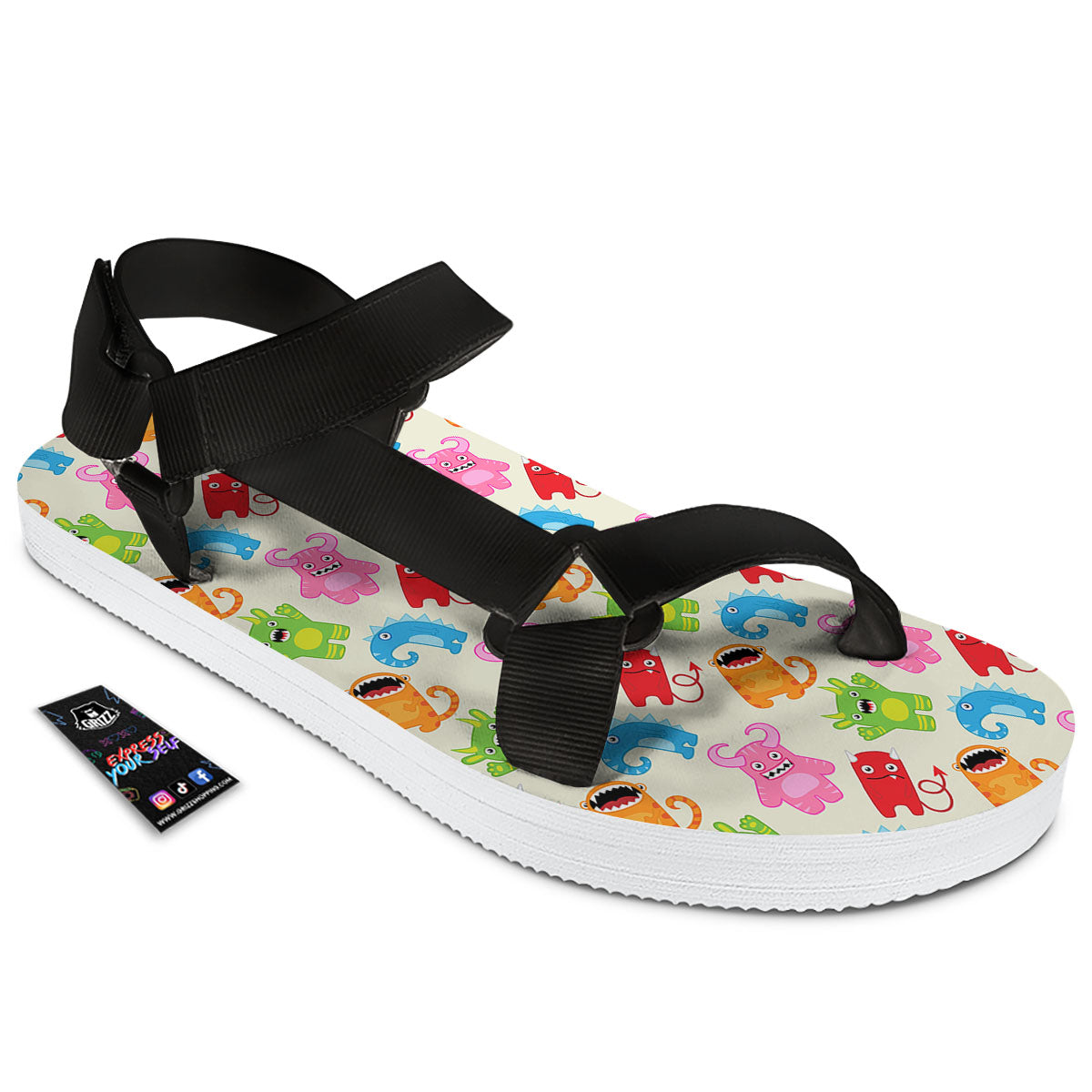 Little Monster Print Pattern Black Open Toe Sandals-grizzshop