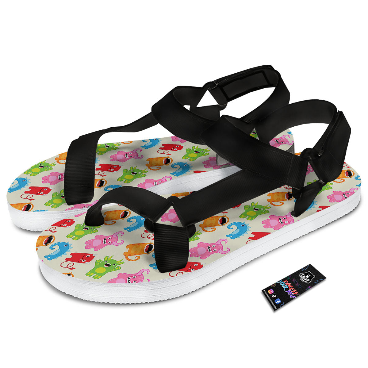 Little Monster Print Pattern Black Open Toe Sandals-grizzshop