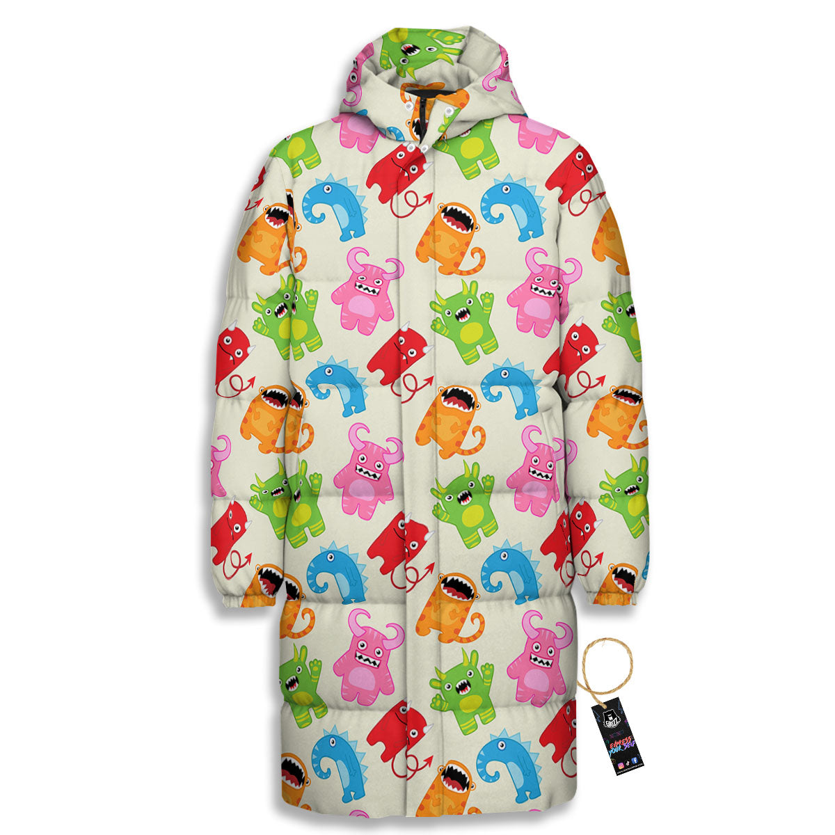 Little Monster Print Pattern Long Down Jacket-grizzshop