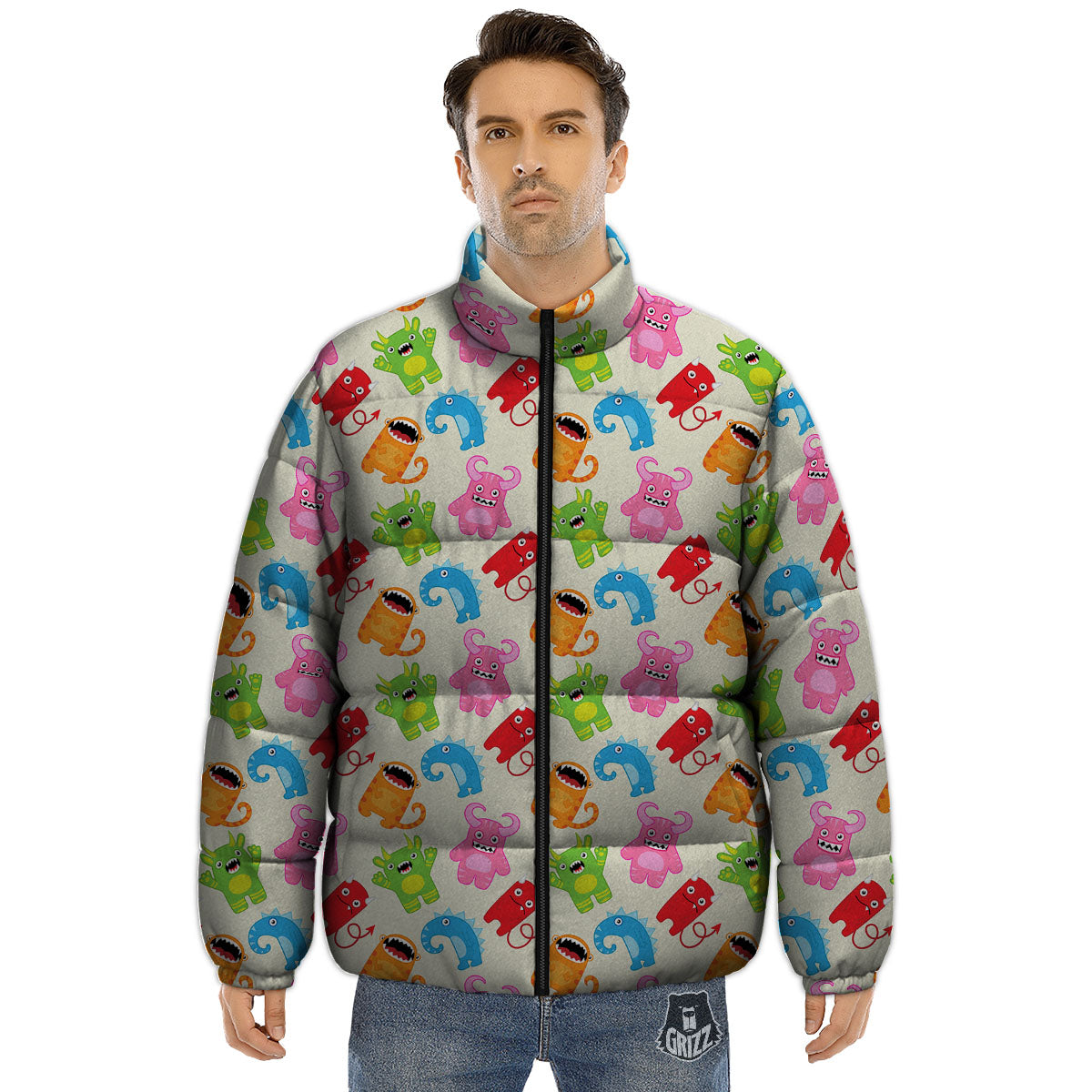 Little Monster Print Pattern Puffer Jacket-grizzshop