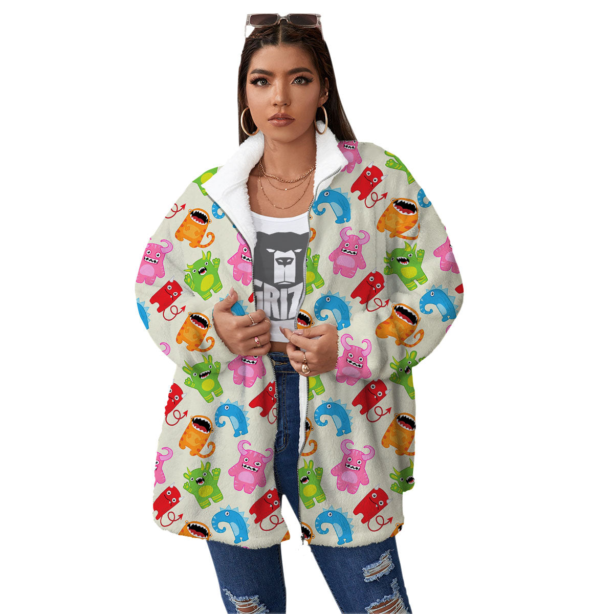 Little Monster Print Pattern Women's Sherpa Jacket-grizzshop