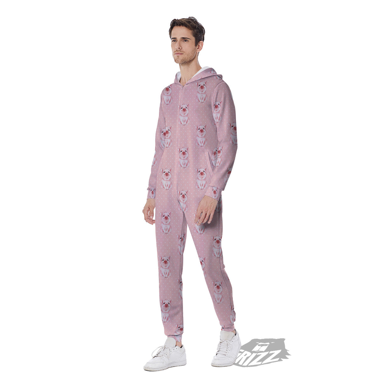 Little Pig And White Dots Print Pattern Men's Jumpsuit-grizzshop