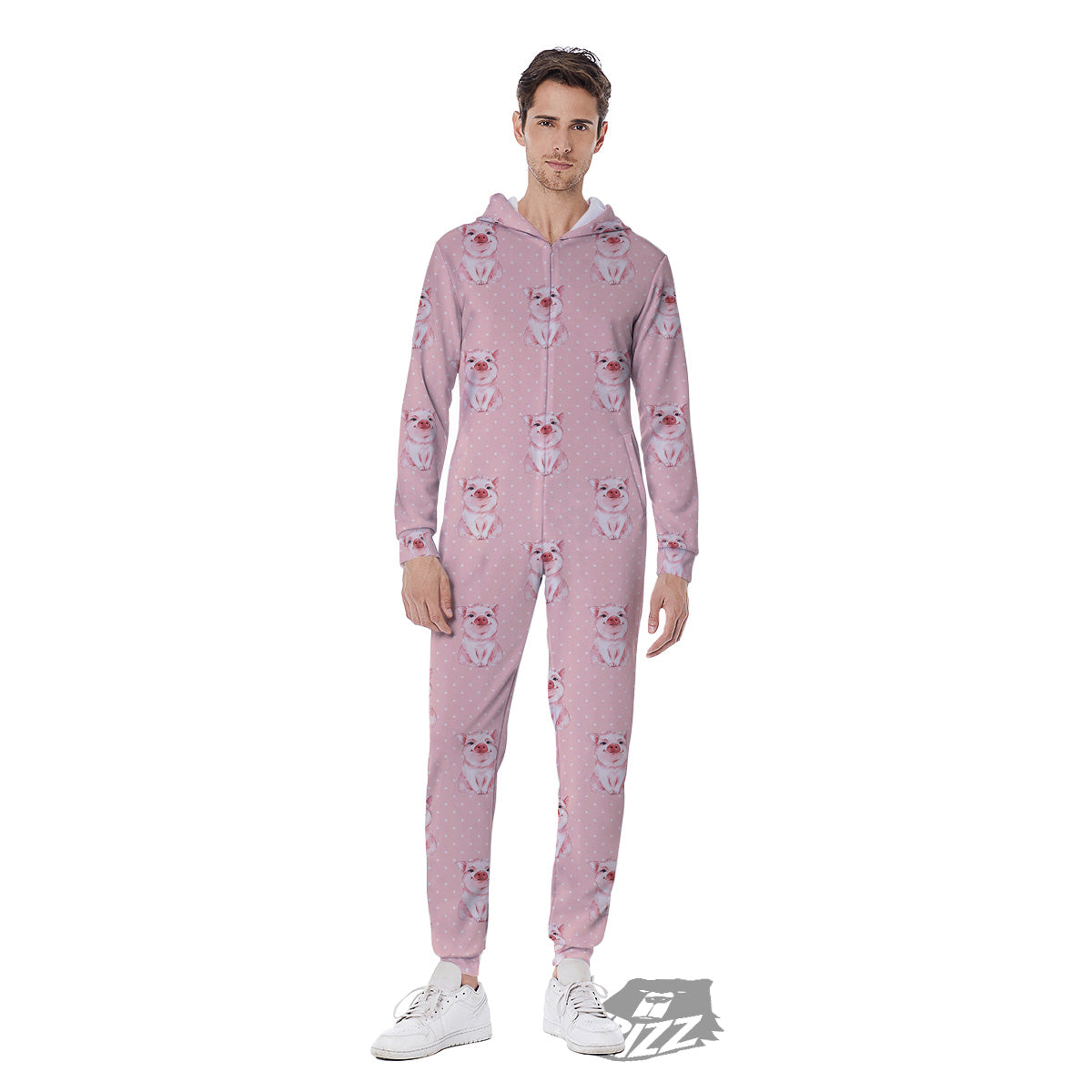 Little Pig And White Dots Print Pattern Men's Jumpsuit-grizzshop