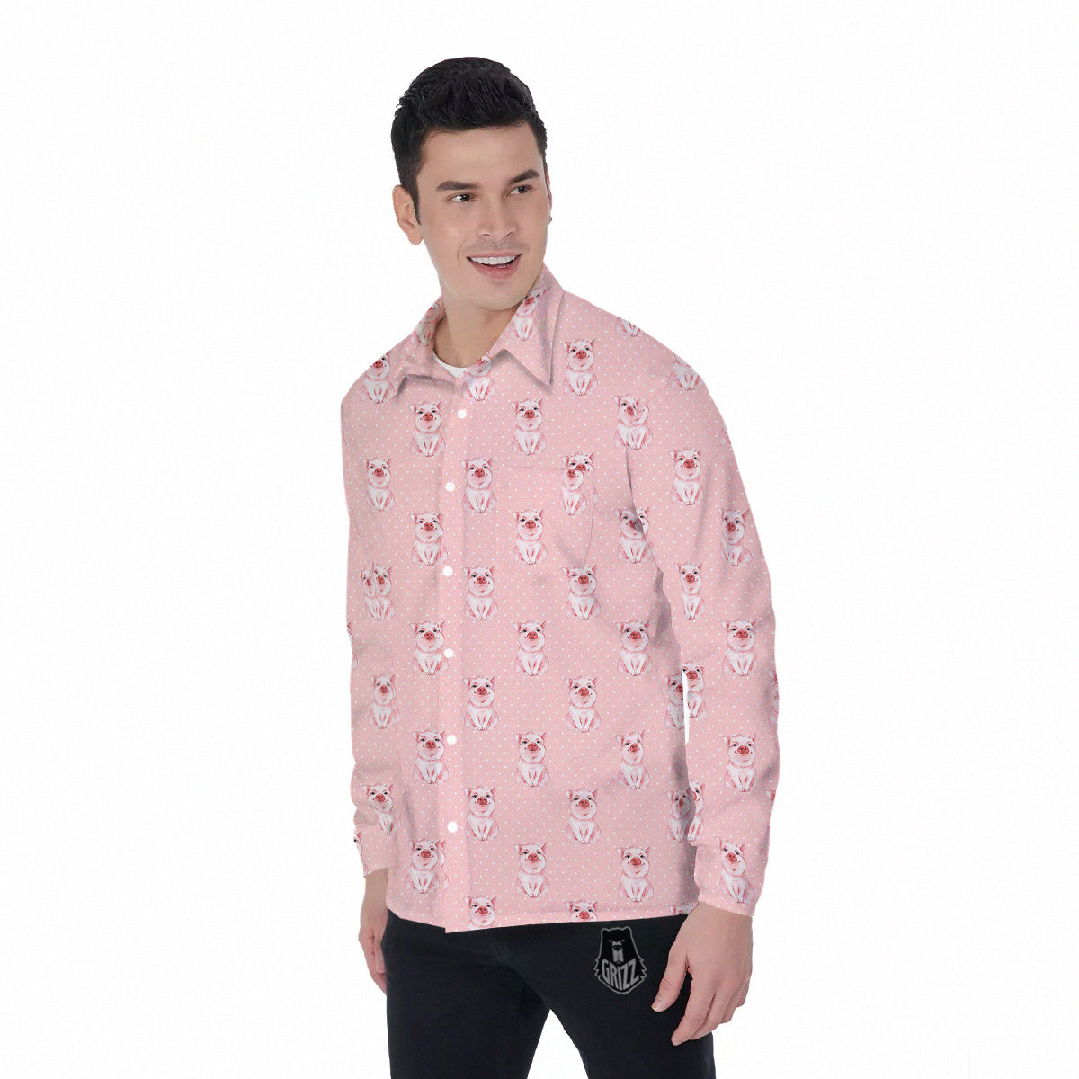 Little Pig And White Dots Print Pattern Men's Long Sleeve Shirts-grizzshop