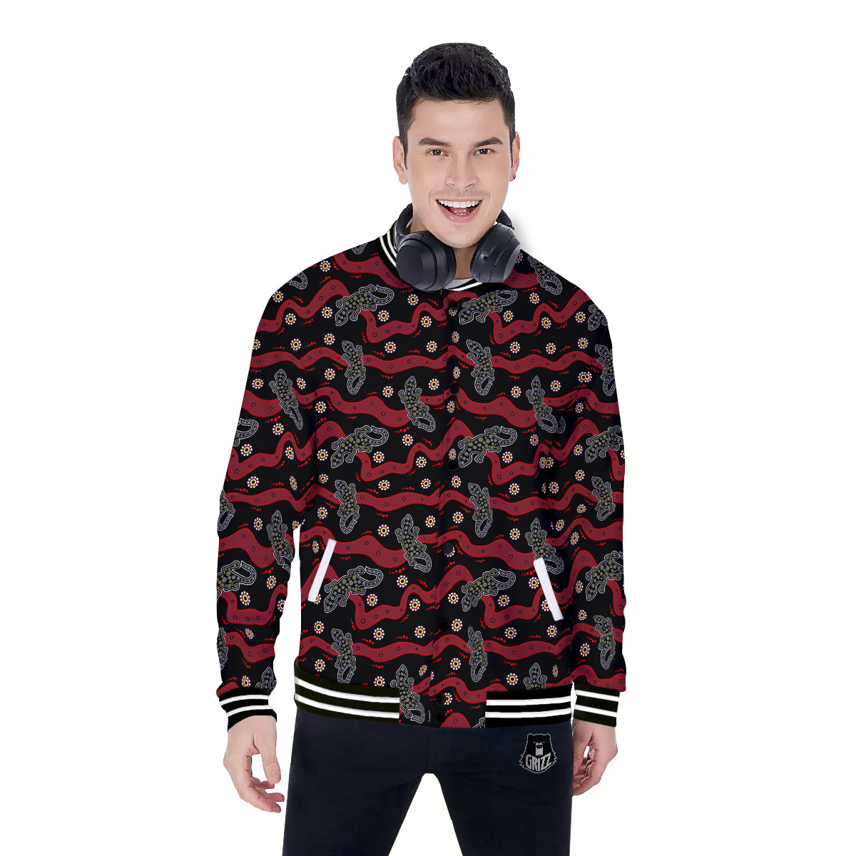Lizard Aboriginal Print Pattern Baseball Jacket-grizzshop