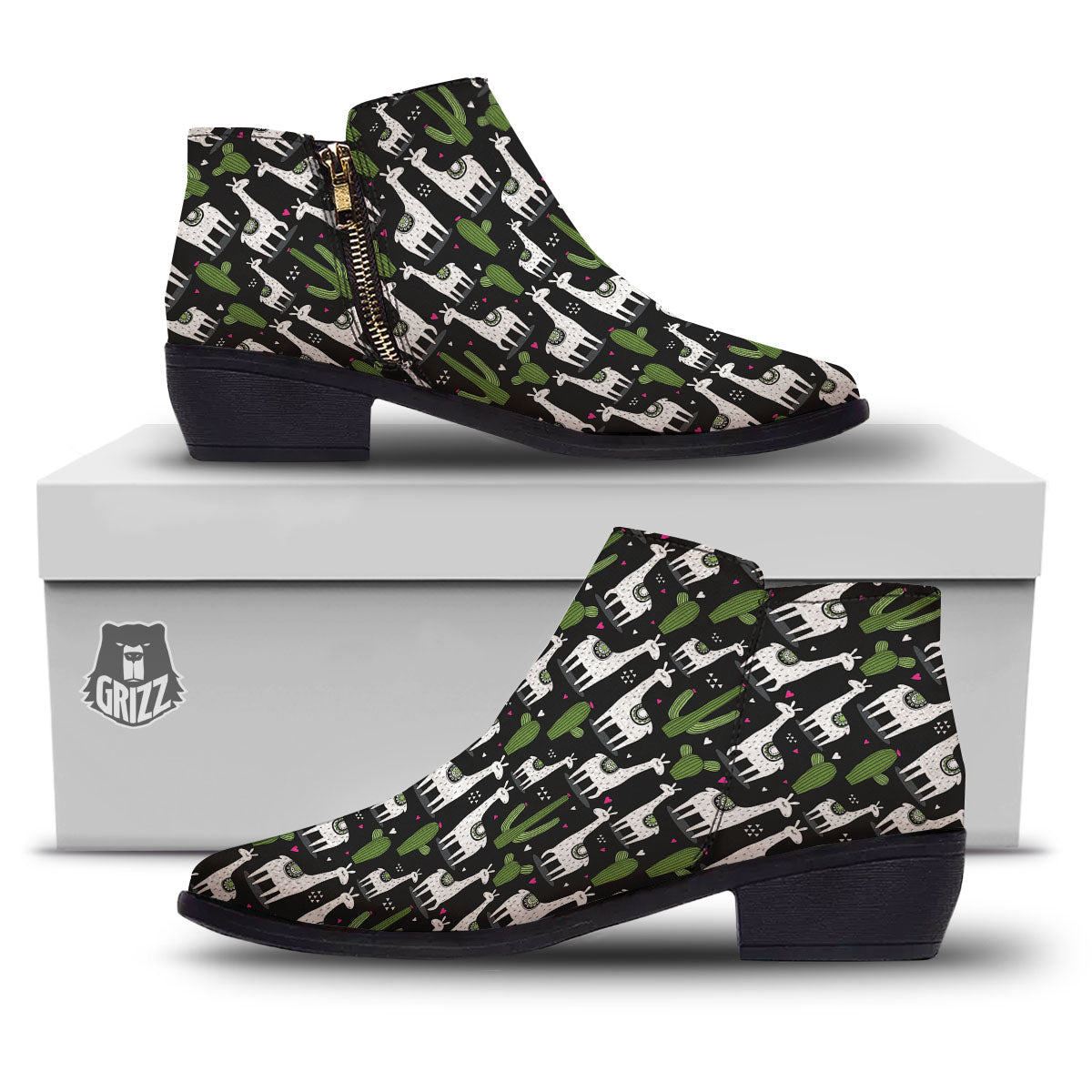 Llama And Cactus Print Pattern Ankle Boots-grizzshop