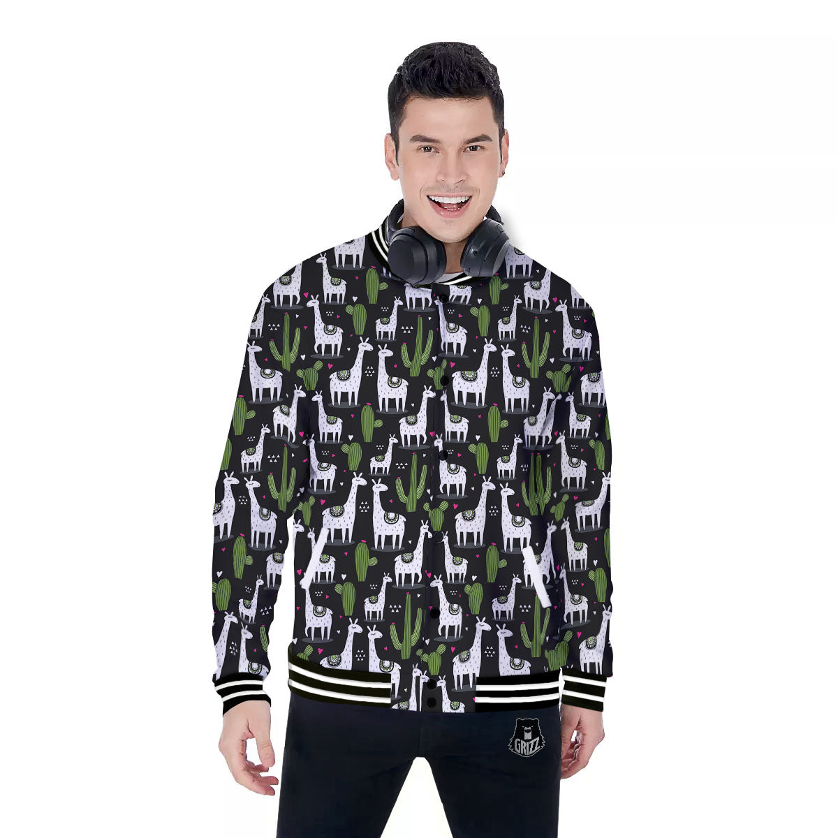 Llama And Cactus Print Pattern Baseball Jacket-grizzshop