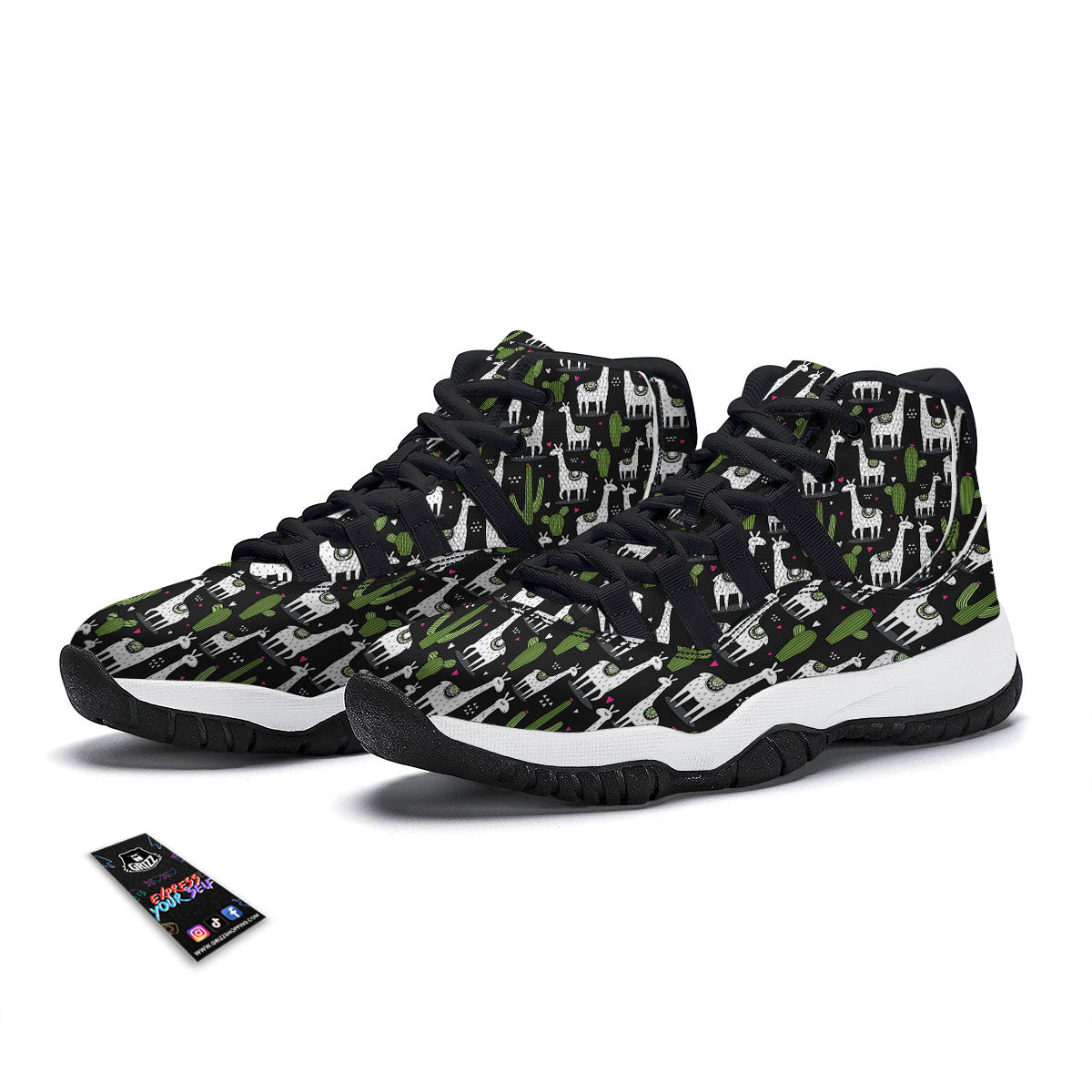 Llama And Cactus Print Pattern Black Bball Shoes-grizzshop