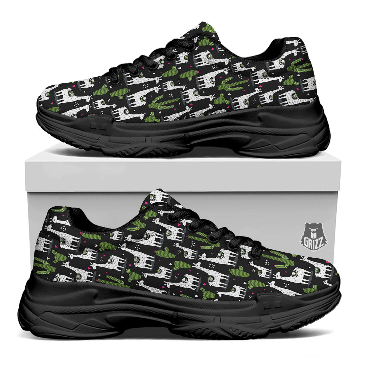 Llama And Cactus Print Pattern Black Chunky Shoes-grizzshop