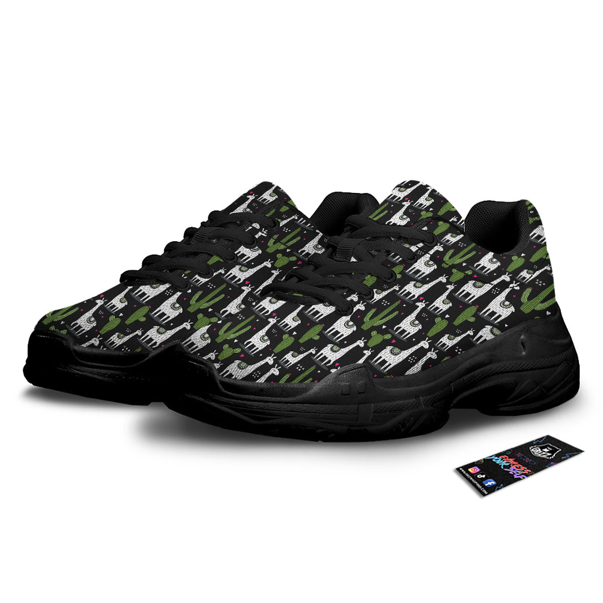 Llama And Cactus Print Pattern Black Chunky Shoes-grizzshop