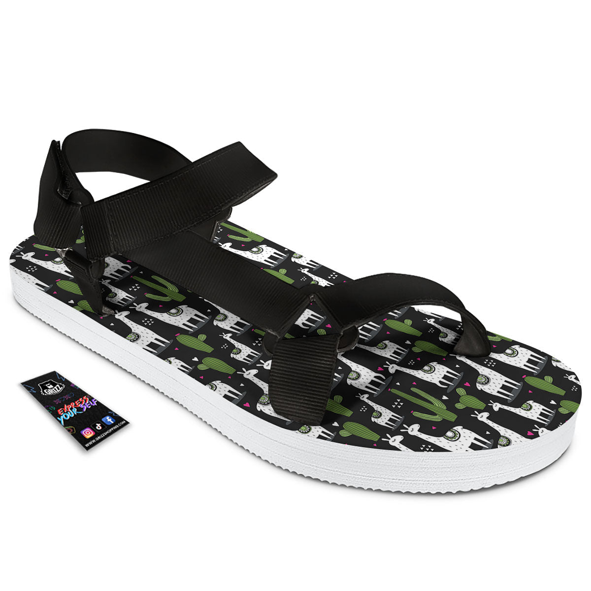 Llama And Cactus Print Pattern Black Open Toe Sandals-grizzshop