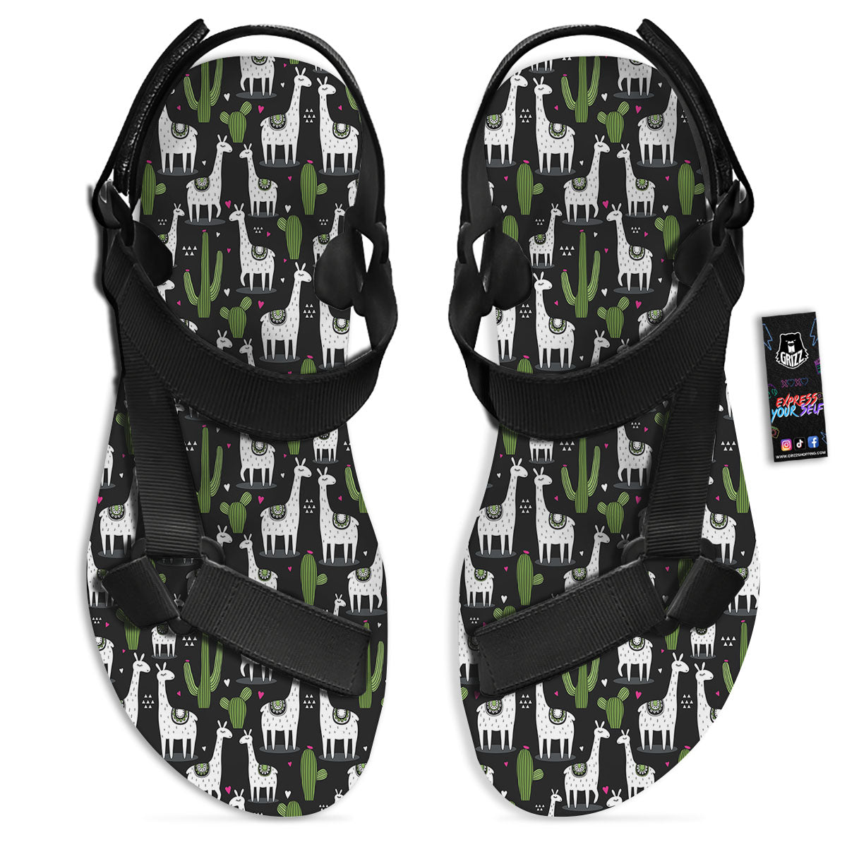 Llama And Cactus Print Pattern Black Open Toe Sandals-grizzshop