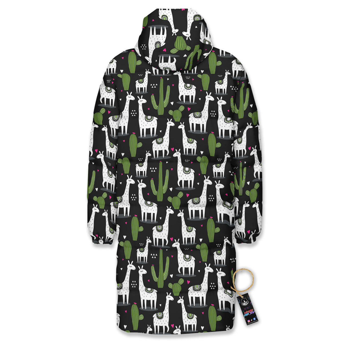 Llama And Cactus Print Pattern Long Down Jacket-grizzshop