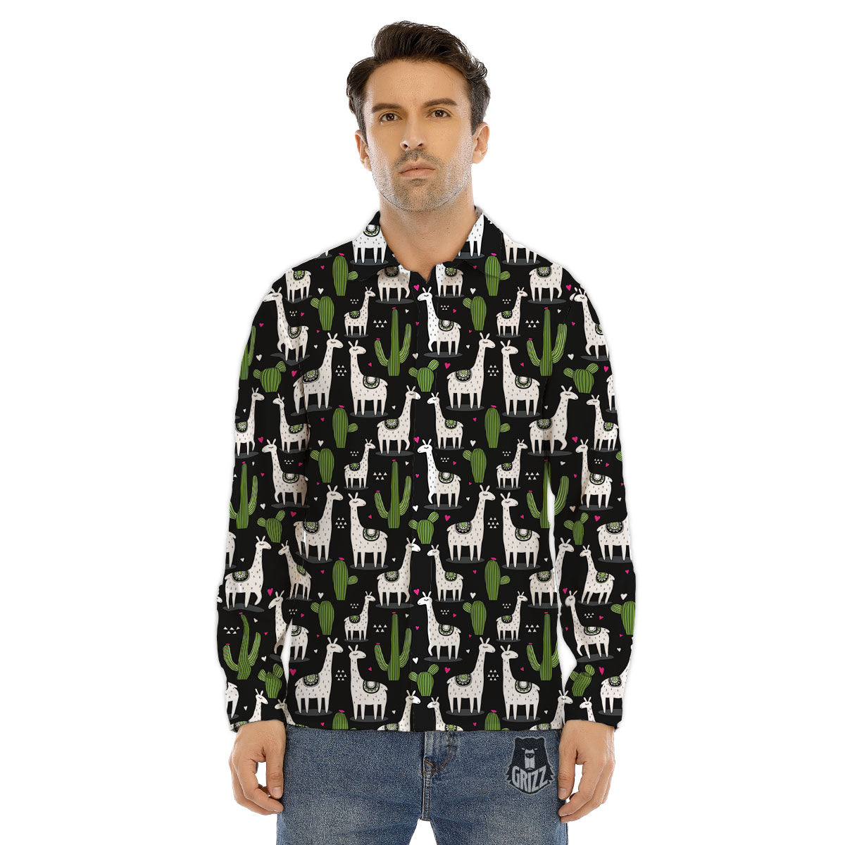 Llama And Cactus Print Pattern Men's Dress Shirts-grizzshop
