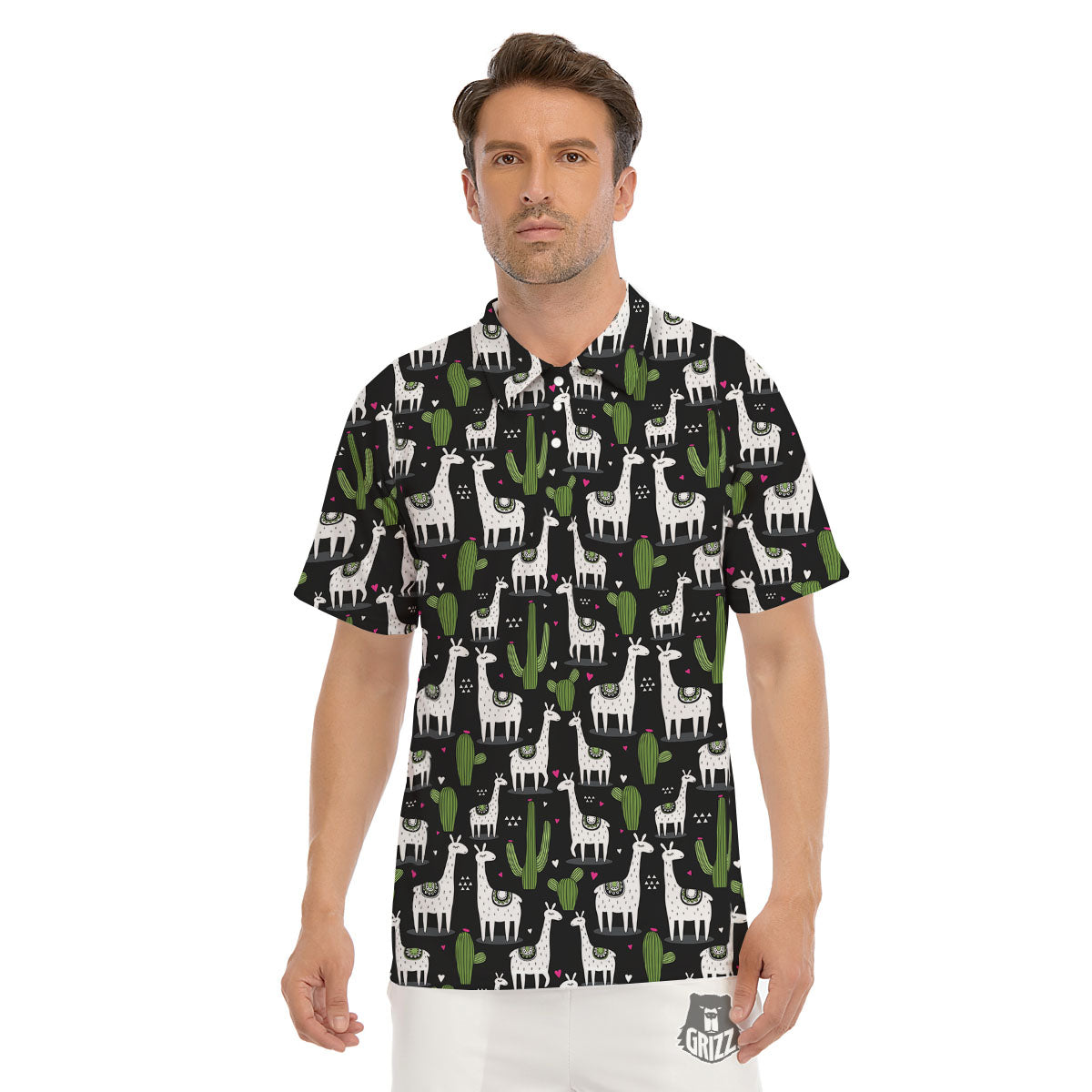 Llama And Cactus Print Pattern Men's Golf Shirts-grizzshop