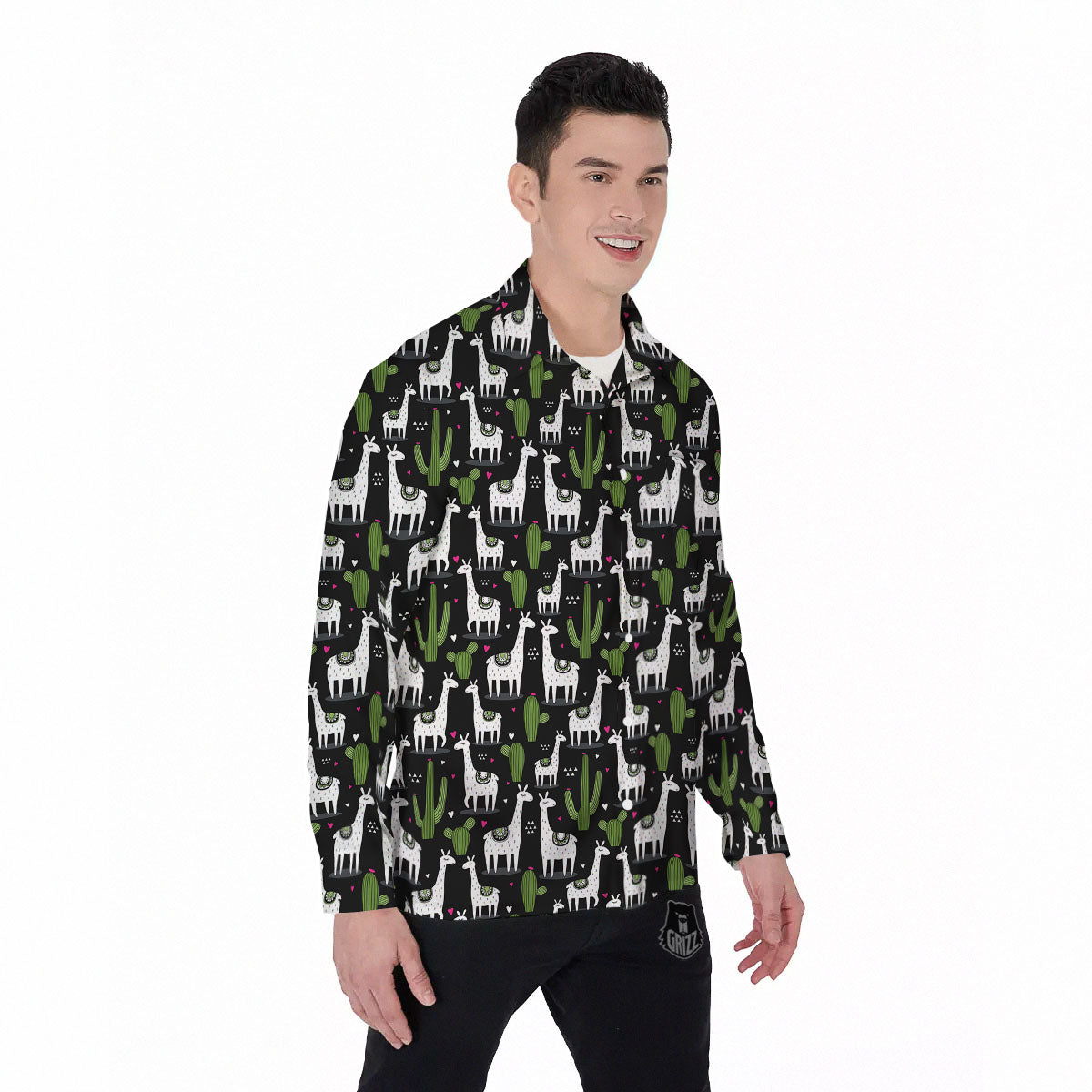 Llama And Cactus Print Pattern Men's Long Sleeve Shirts-grizzshop