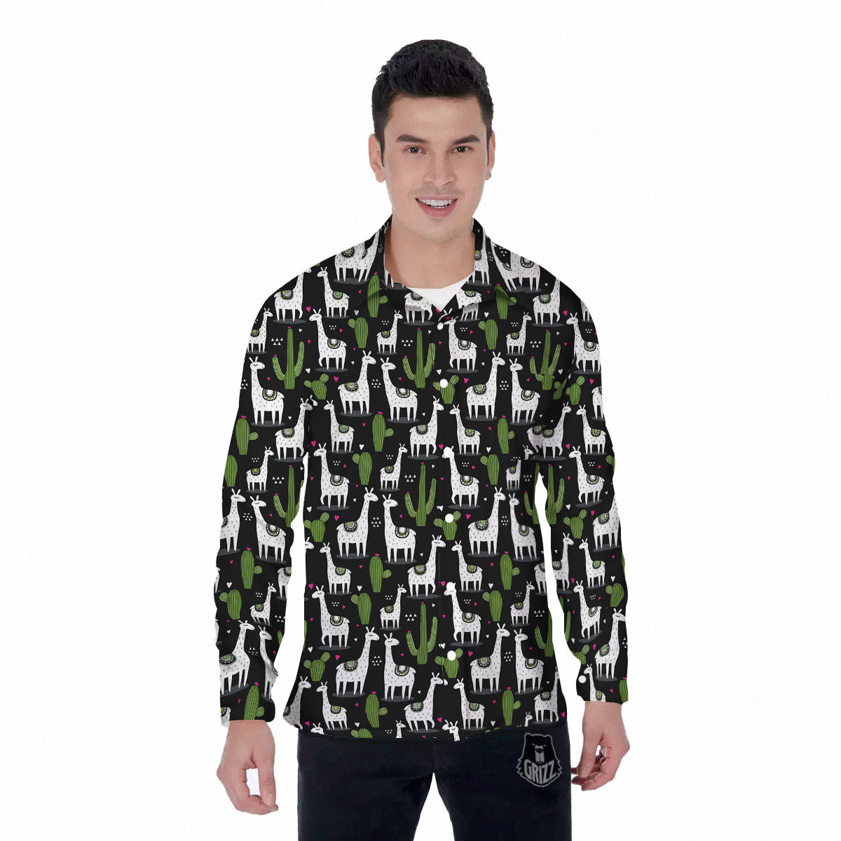 Llama And Cactus Print Pattern Men's Long Sleeve Shirts-grizzshop