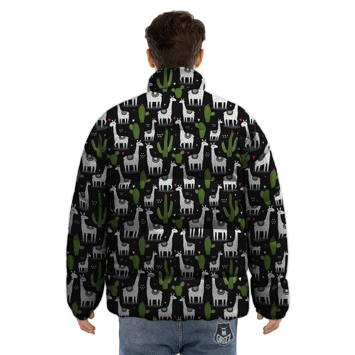 Llama And Cactus Print Pattern Puffer Jacket-grizzshop