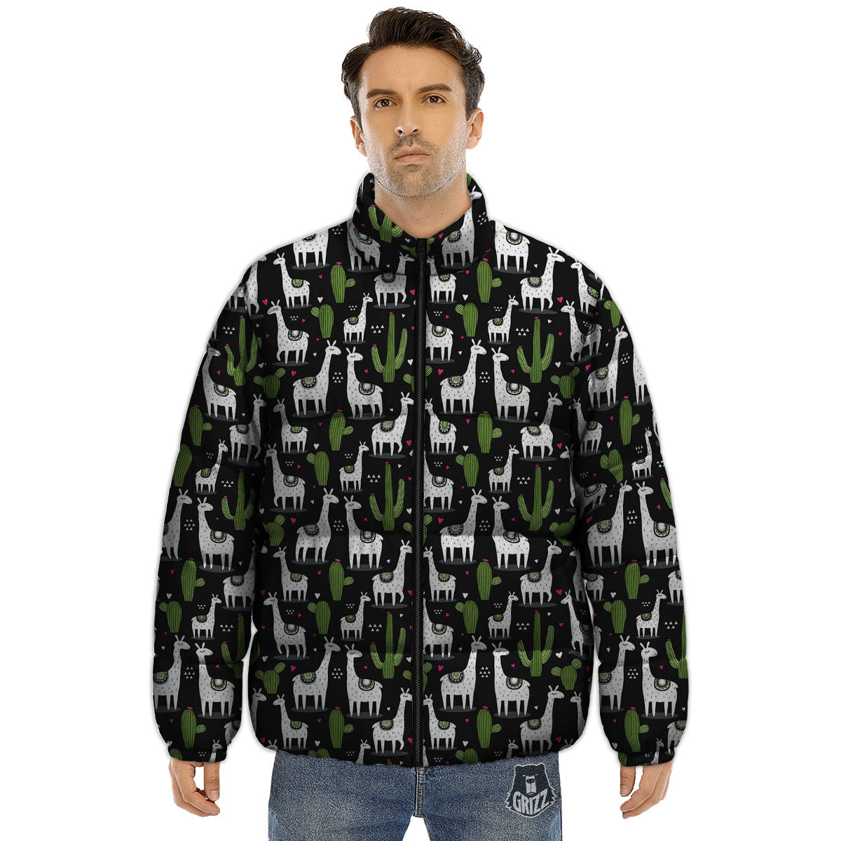 Llama And Cactus Print Pattern Puffer Jacket-grizzshop