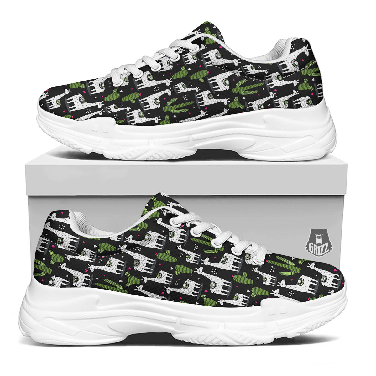 Llama And Cactus Print Pattern White Chunky Shoes-grizzshop