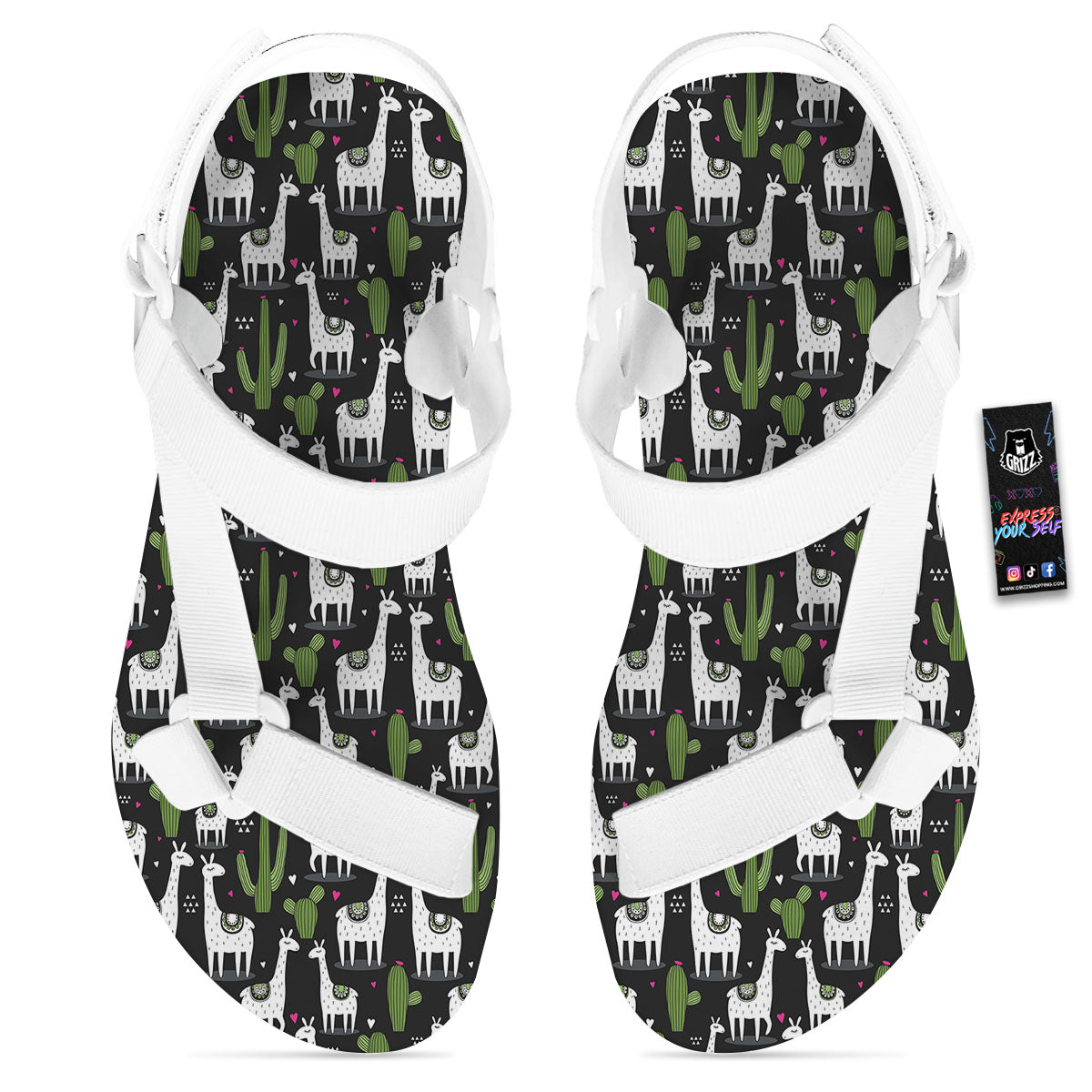 Llama And Cactus Print Pattern White Open Toe Sandals-grizzshop