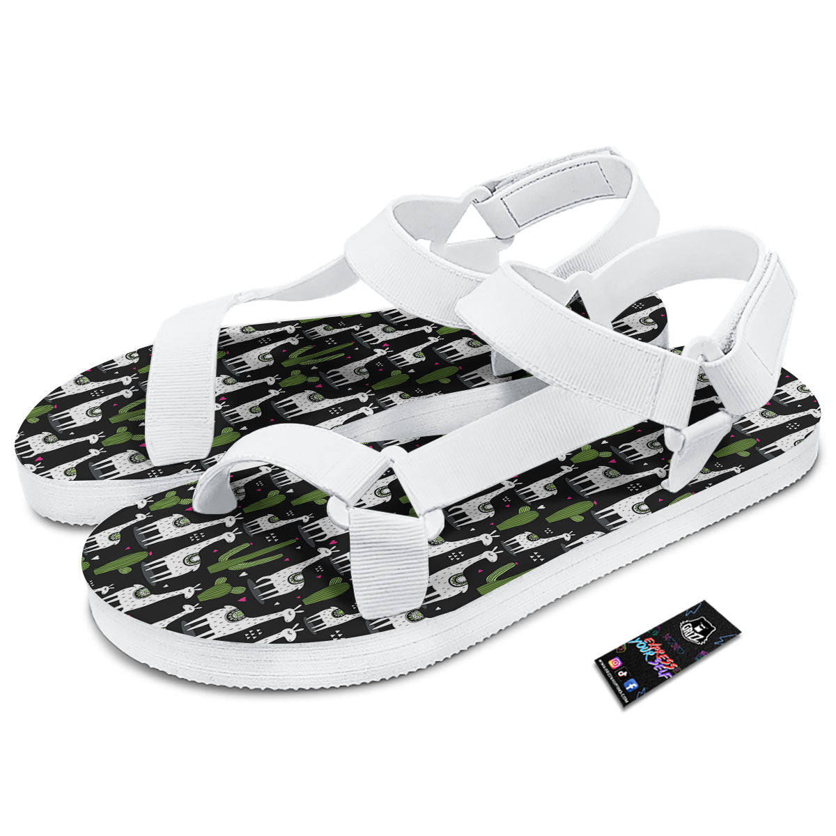Llama And Cactus Print Pattern White Open Toe Sandals-grizzshop