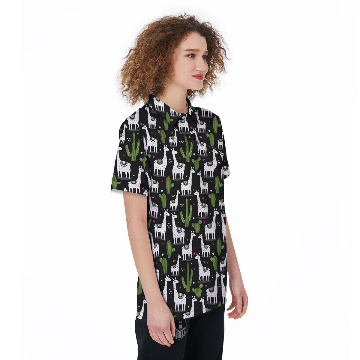 Llama And Cactus Print Pattern Women's Golf Shirts-grizzshop