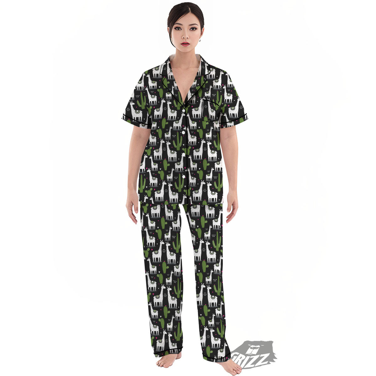 Llama And Cactus Print Pattern Women's Pajamas Set-grizzshop