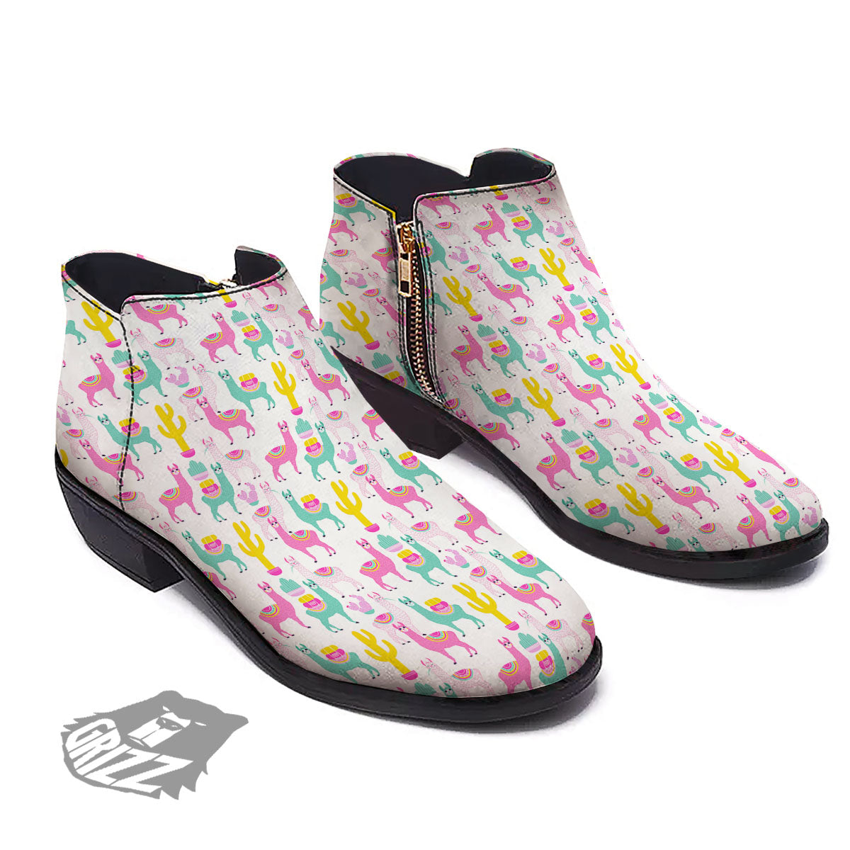Llama And Cartoon Cactus Print Pattern Ankle Boots-grizzshop