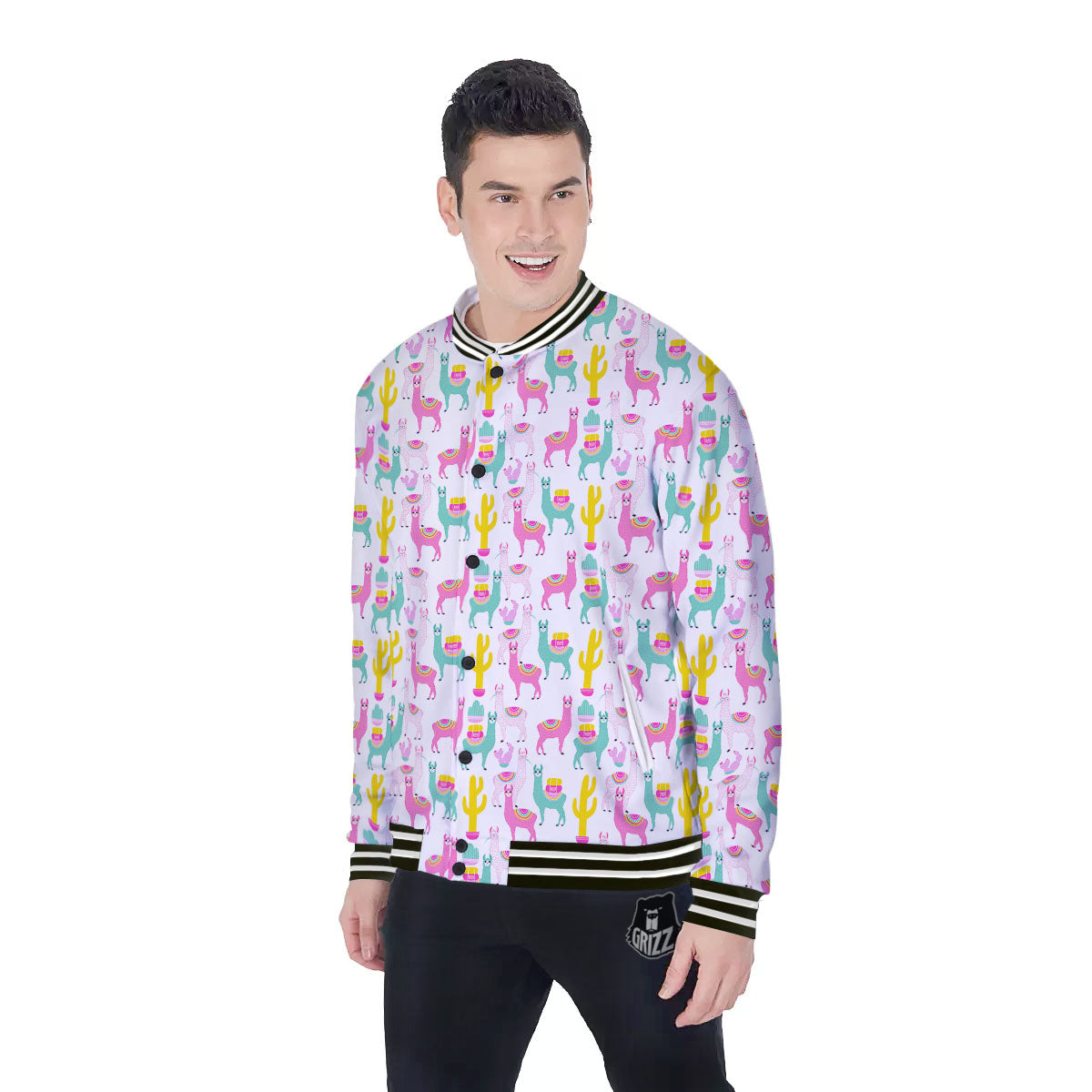 Llama And Cartoon Cactus Print Pattern Baseball Jacket-grizzshop