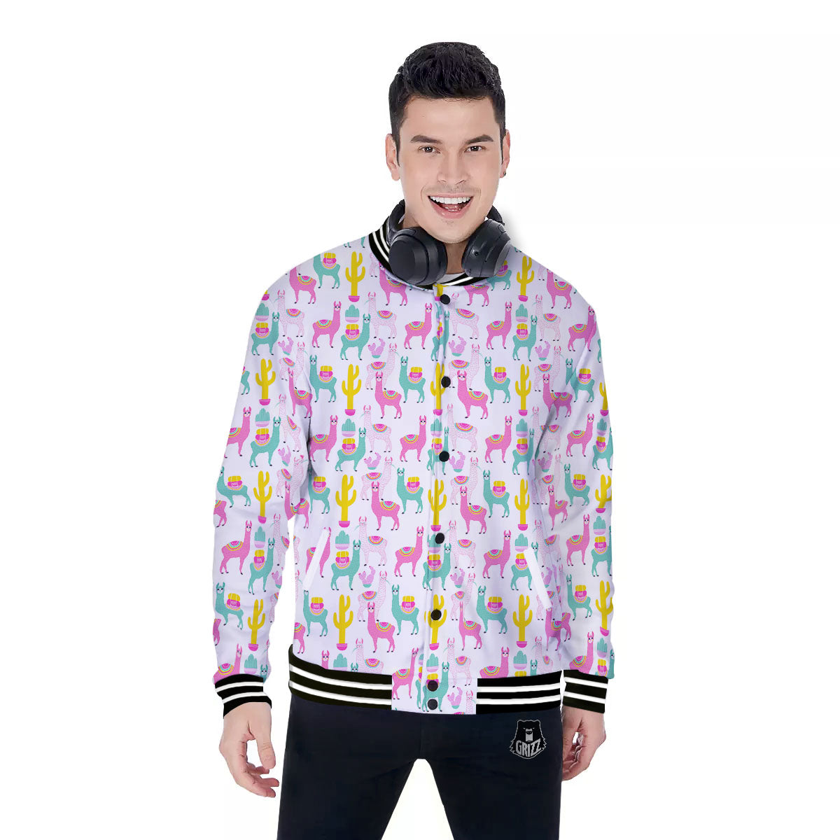 Llama And Cartoon Cactus Print Pattern Baseball Jacket-grizzshop