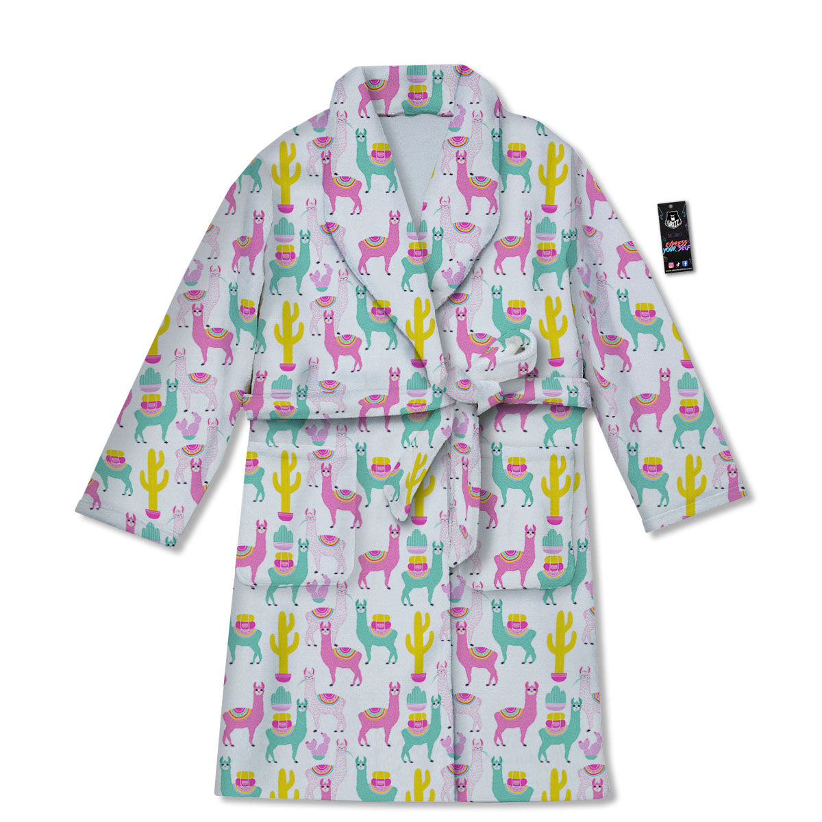 Llama And Cartoon Cactus Print Pattern Bathrobe-grizzshop