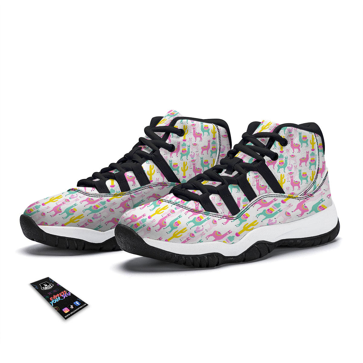 Llama And Cartoon Cactus Print Pattern Black Bball Shoes-grizzshop