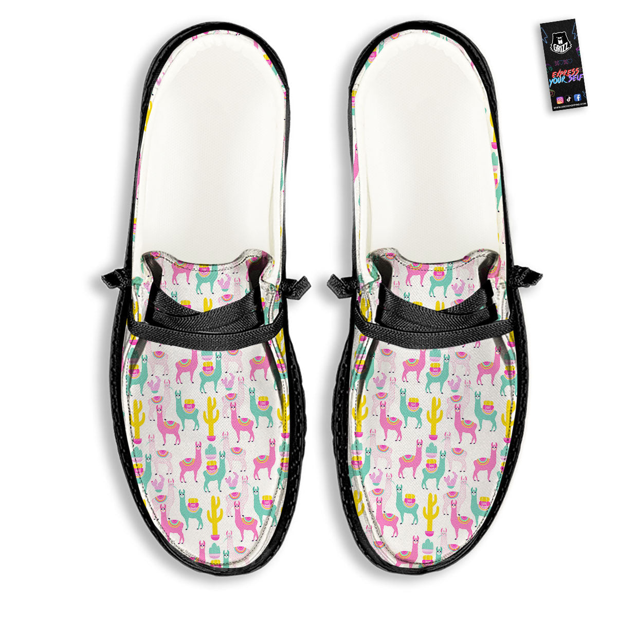Llama And Cartoon Cactus Print Pattern Black Loafers-grizzshop