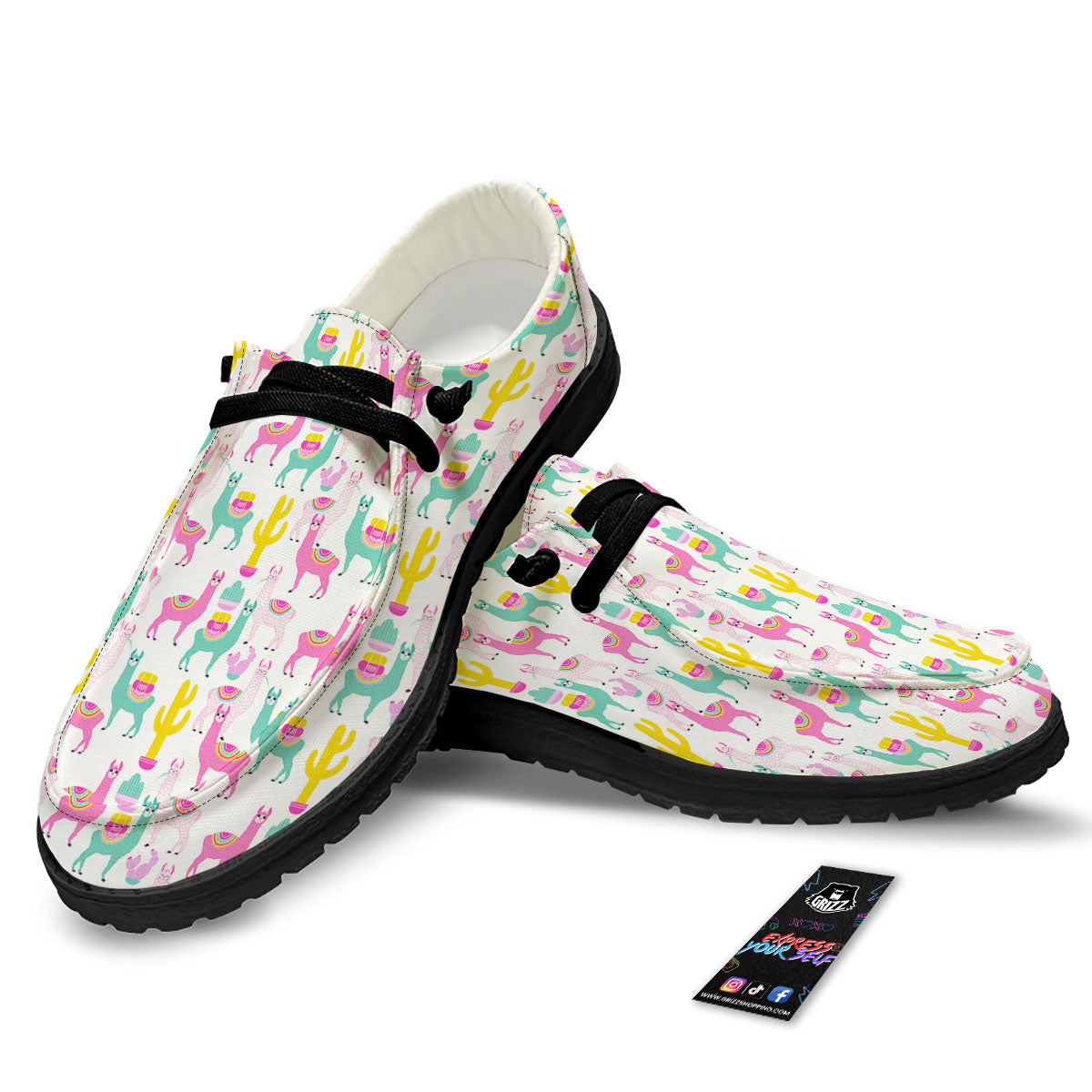 Llama And Cartoon Cactus Print Pattern Black Loafers-grizzshop