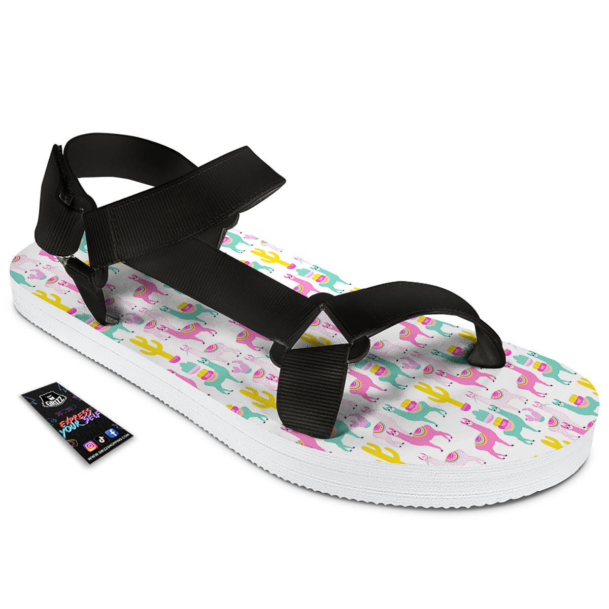 Llama And Cartoon Cactus Print Pattern Black Open Toe Sandals-grizzshop