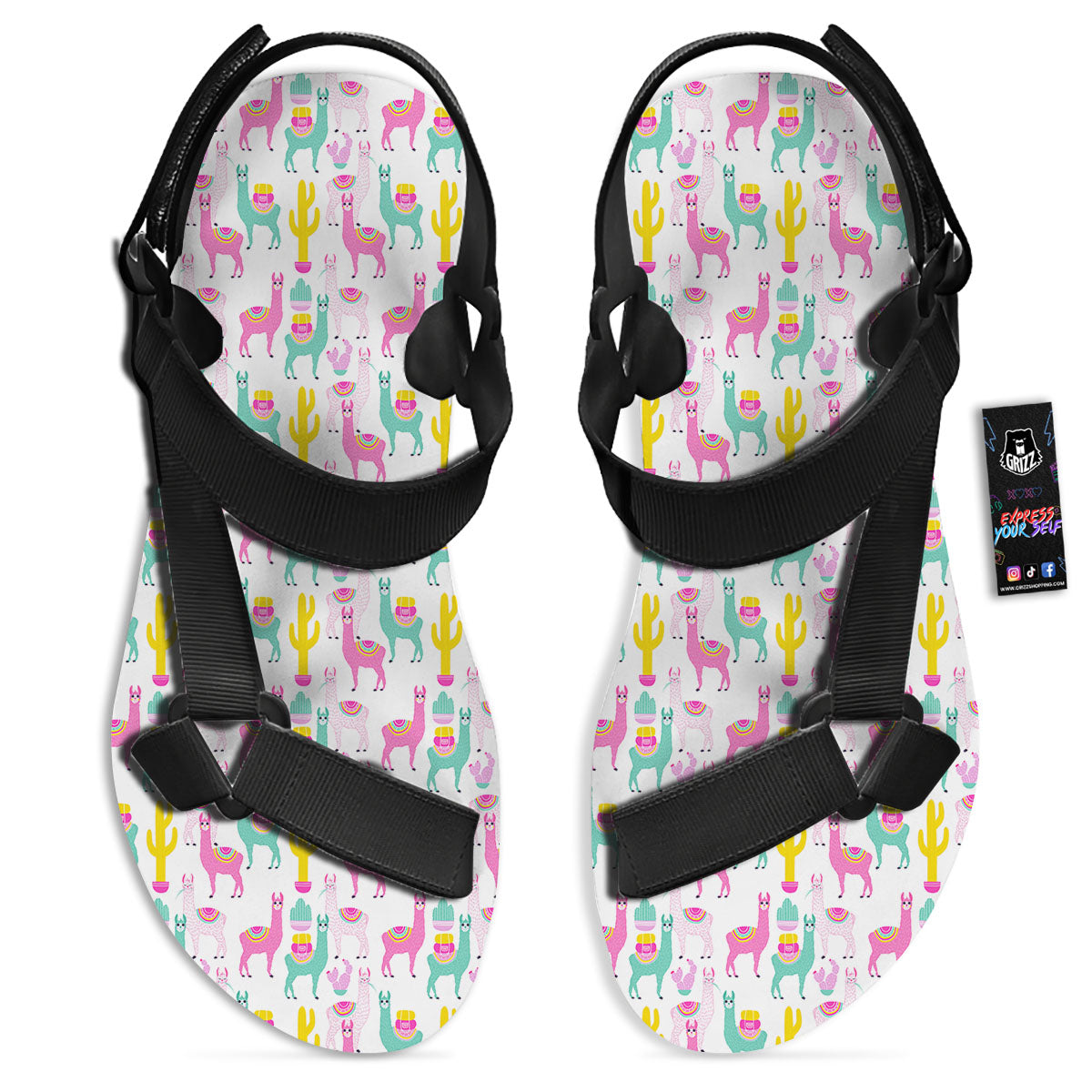 Llama And Cartoon Cactus Print Pattern Black Open Toe Sandals-grizzshop