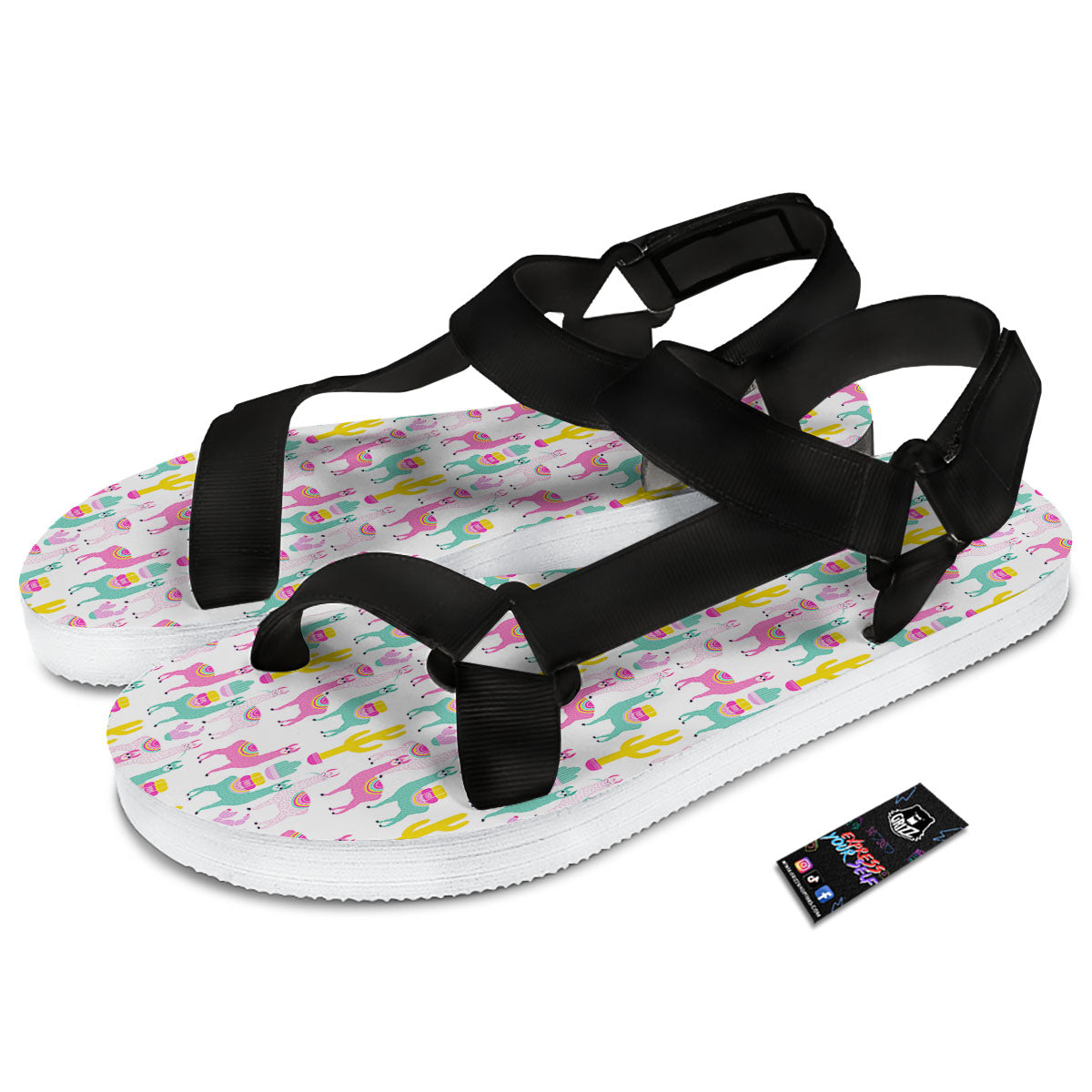 Llama And Cartoon Cactus Print Pattern Black Open Toe Sandals-grizzshop