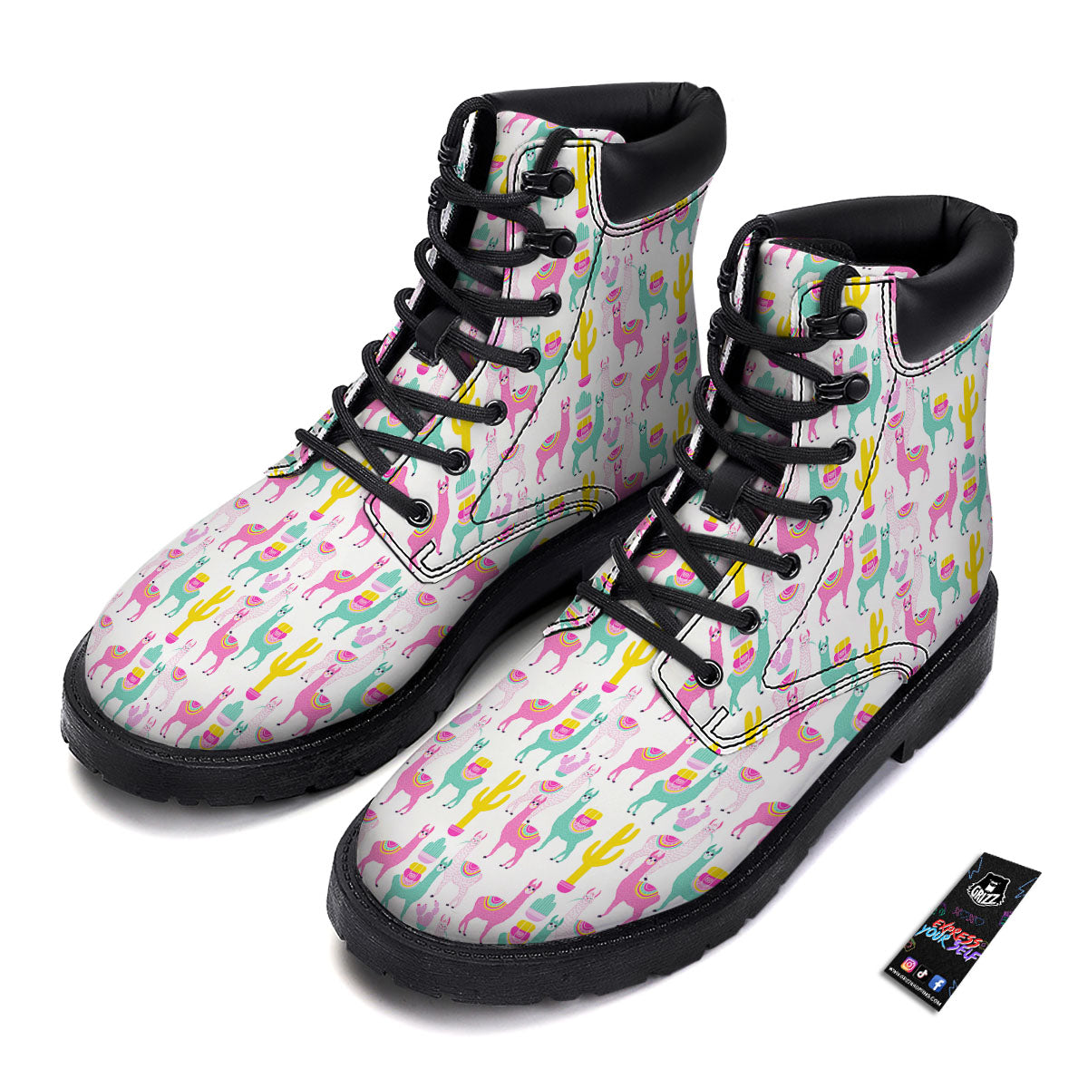 Llama And Cartoon Cactus Print Pattern Boots-grizzshop